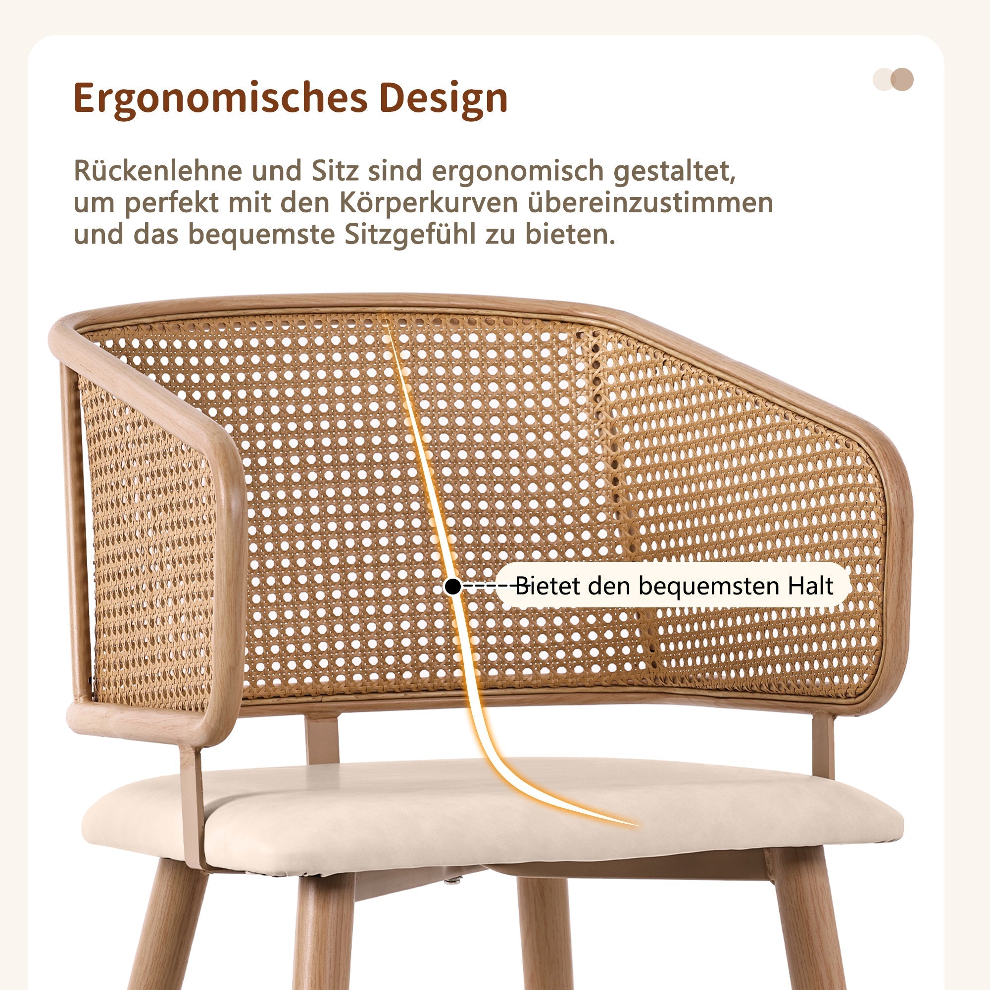 6 Dining Chairs, Modern Rattan Backrest PU Leather Seat, Rattan/PU Leather