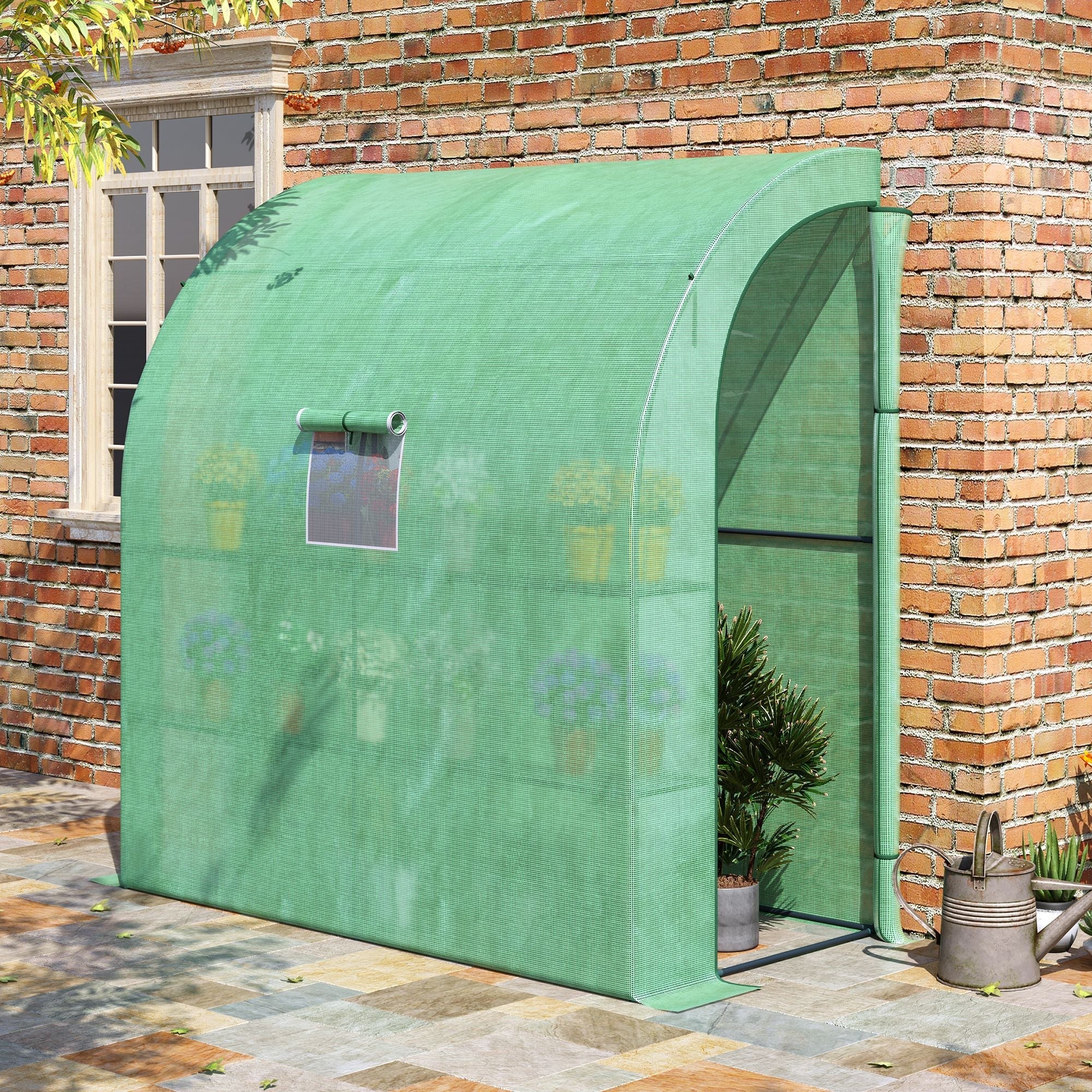 Walk-In Lean to Wall Greenhouse, Windows Doors 3 Tiers 4 Shelves, Green