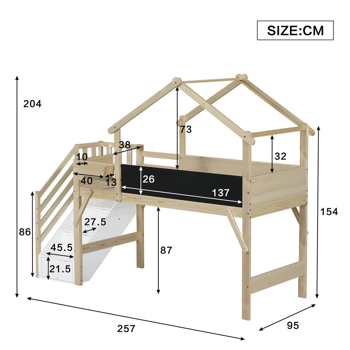 Children's Bunk Bed Roof Design Chalkboard Storage Stairs 90x200cm, White/Natural Pine/MDF/Plywood