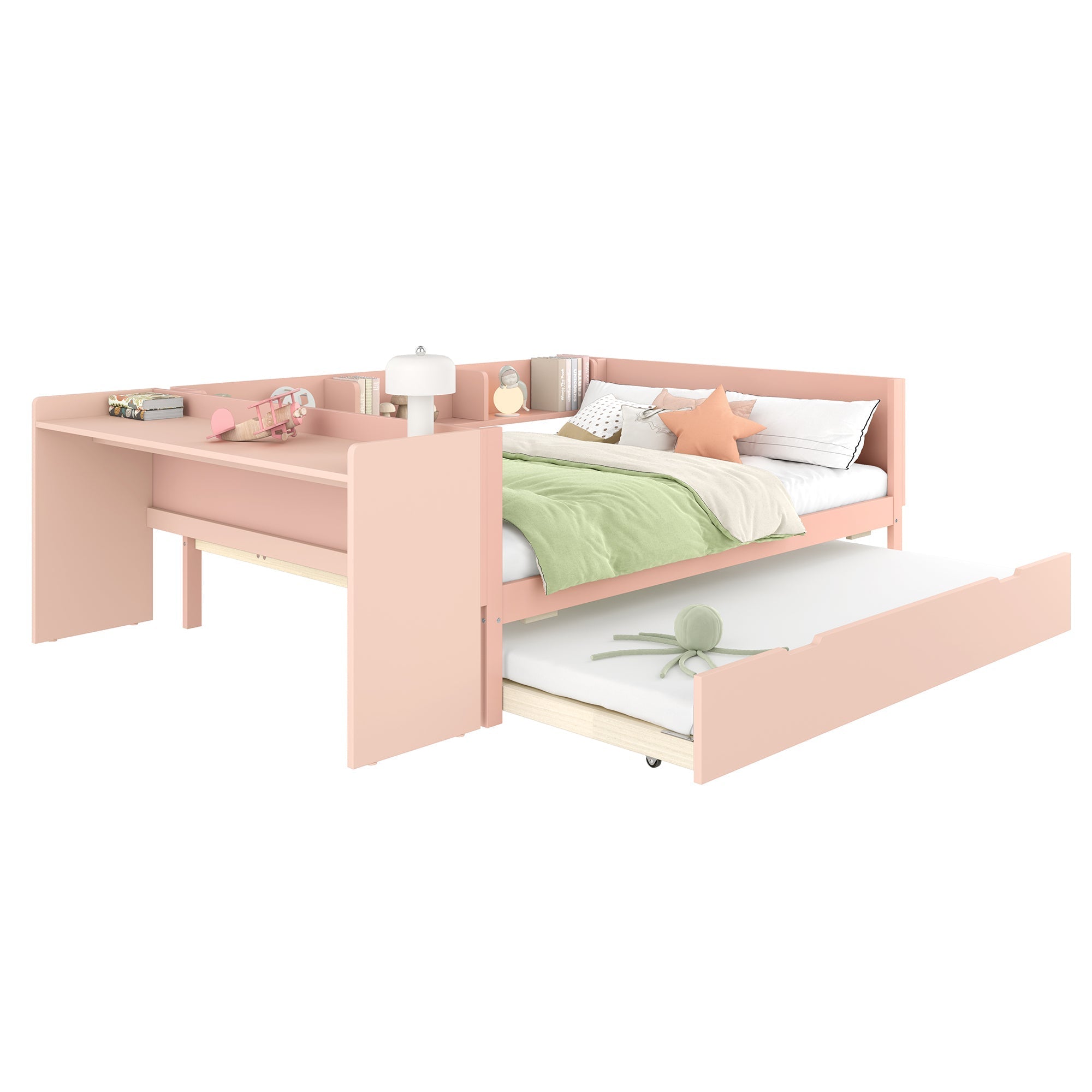 Wooden Flatbed Double Bed with Desk, Trundle and Shelves, 140x200cm, Pink
