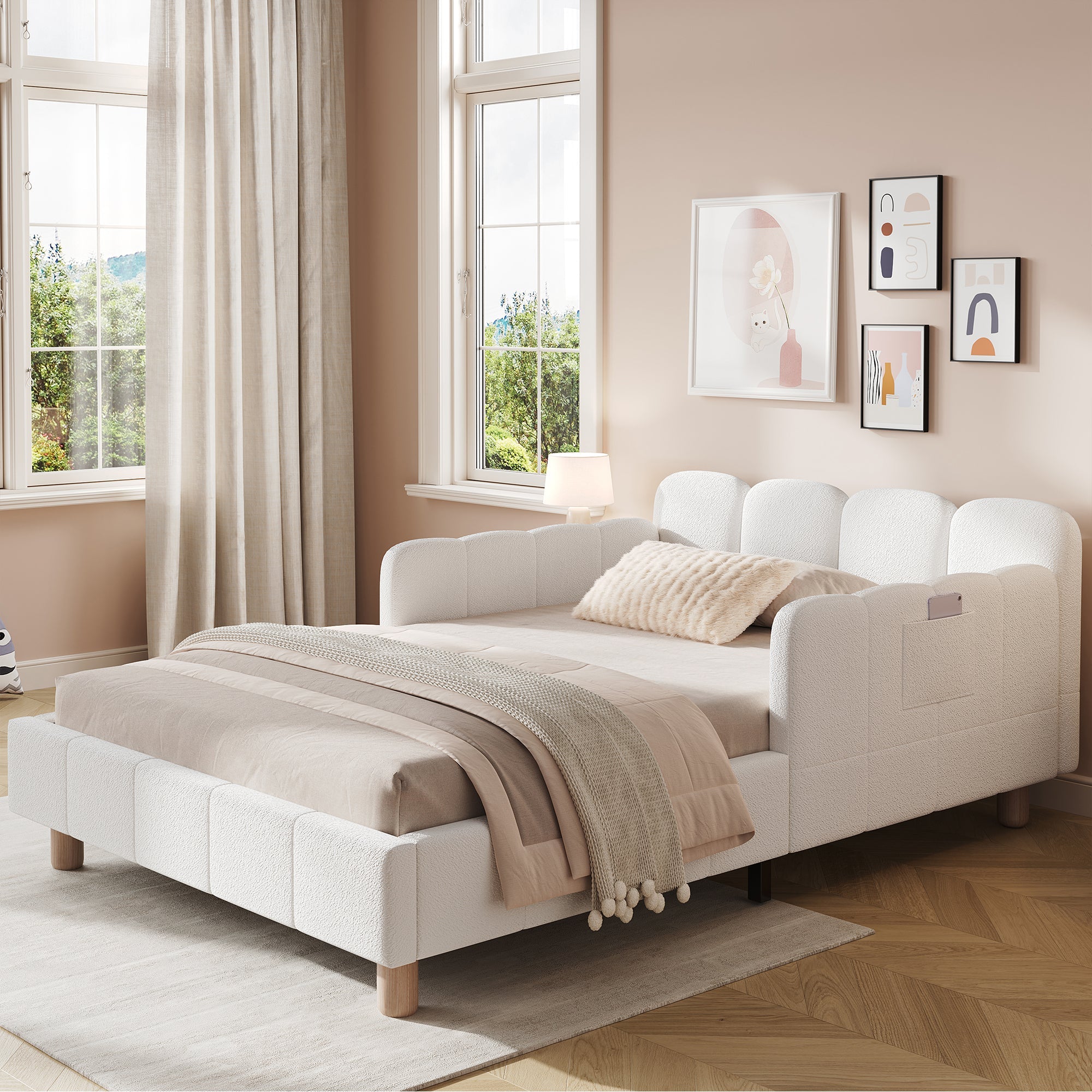 Upholstered Children's Bed, 90x200cm Single Bed with Safety Rail and Solid Wood Legs, Beige Bouclé