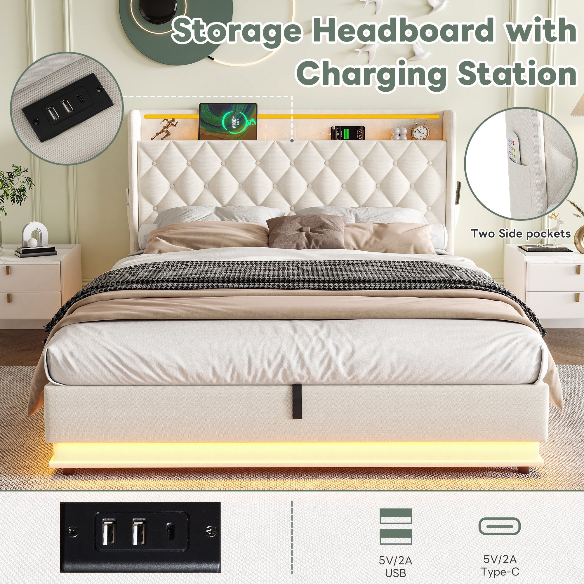 5ft King Upholstered Bed Frame, Hydraulic Storage LED Headboard Charging Station, Linen Beige