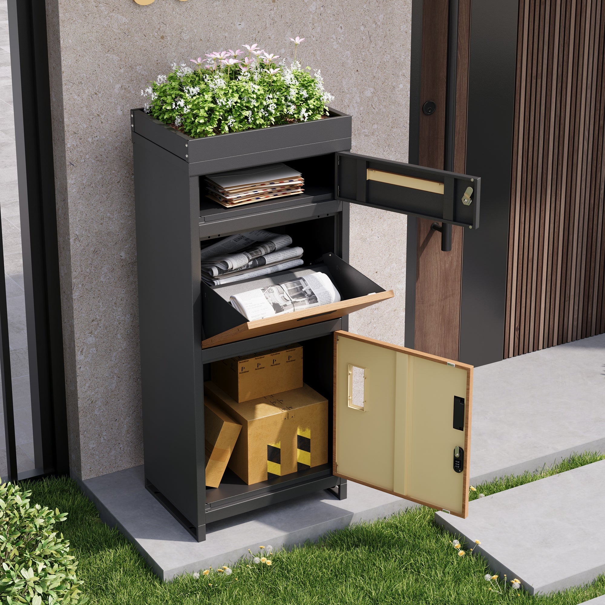 Parcel Mailbox with Combination Lock and Flower Bed, Integrated Lockable Storage Cabinet, Metal
