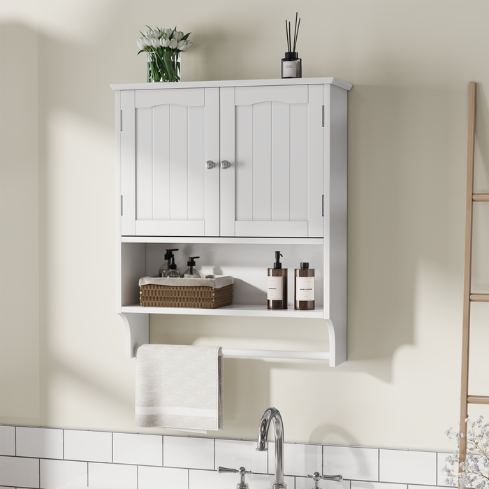 Bathroom Cabinet, Wall-Mounted Towel Rack & 2 Adjustable Shelves, White