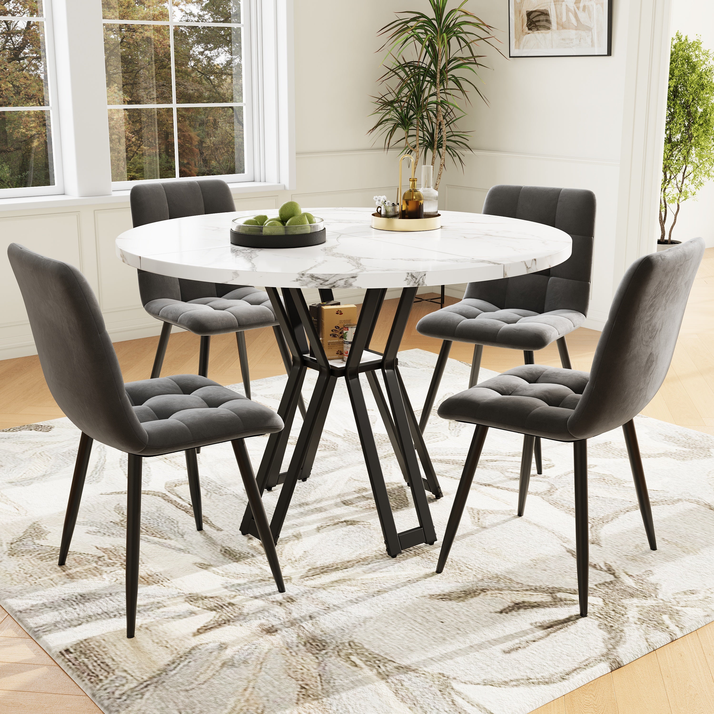 Dining Set 5-Piece Round 100cm Marble Top 4 Velvet Chairs - White/Grey/Black
