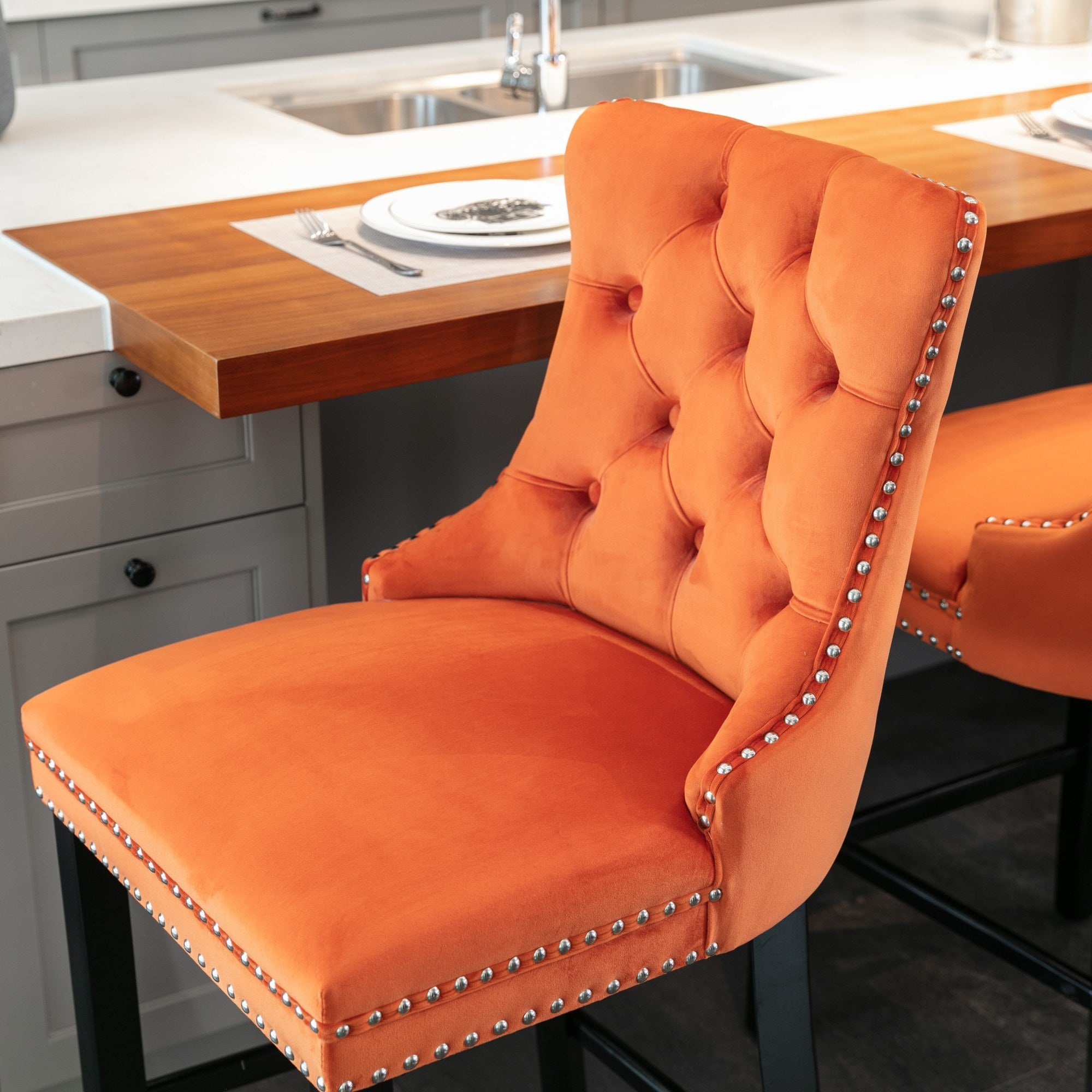 Barstools Set of 2 Button Tufted Velvet Wooden Legs - Orange