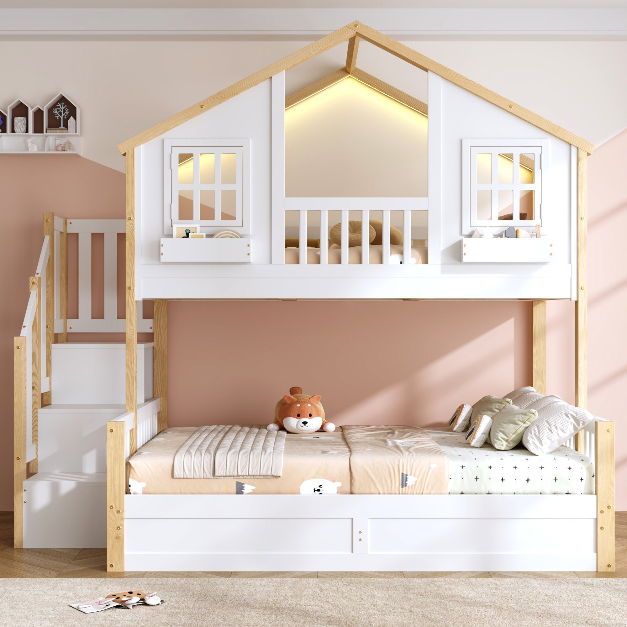 Bunk Bed with Hydraulic Storage, LED, and Stairs, 90x200/140x200cm, White and Natural Wood