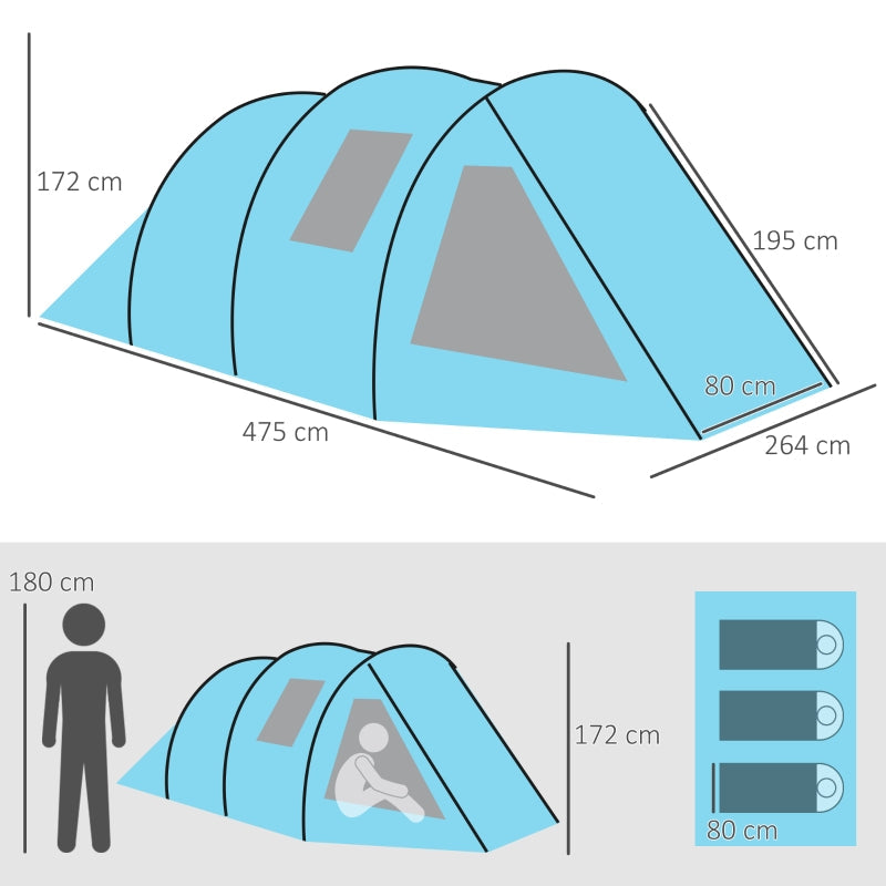 3-4 Man Tunnel Tent, Two Room Camping Tent with Windows, Portable Carry Bag - Blue