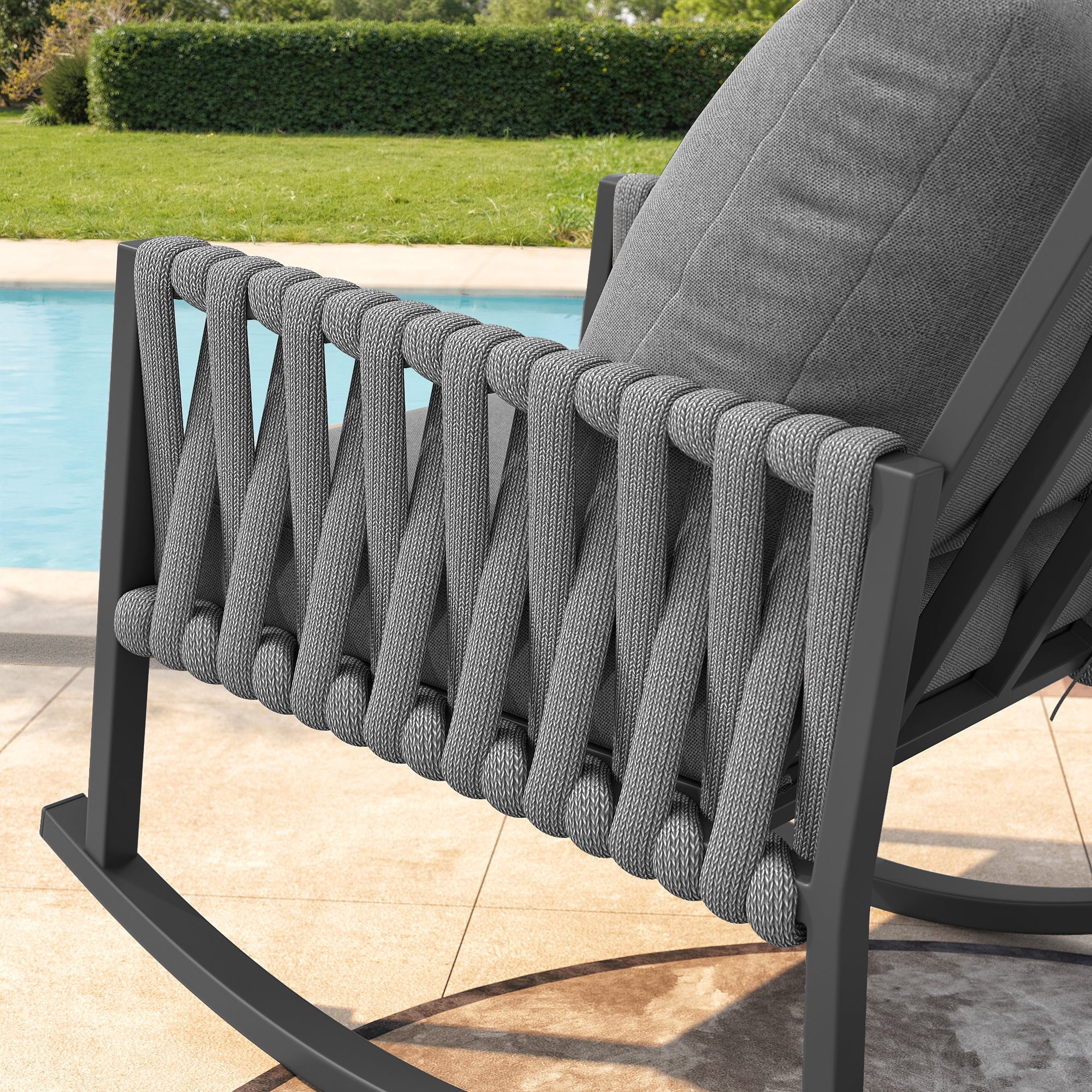 Outdoor Rocking Chair with Cross-Rope Weaving and Weatherproof Metal Frame, Metal and Rope