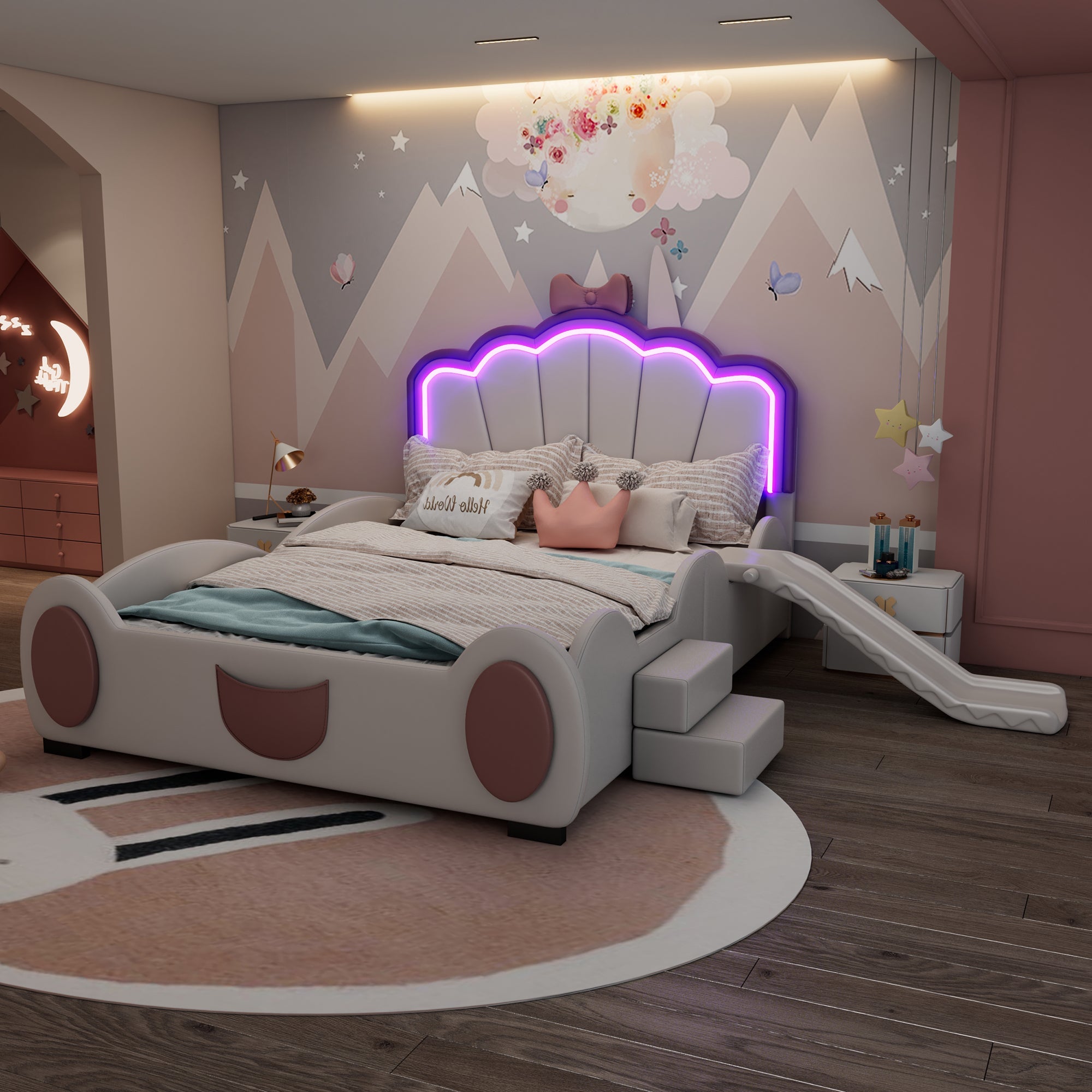 Cartoon Butterfly Bed 140x200cm LED Light Slide Ladder - Pink/White PU