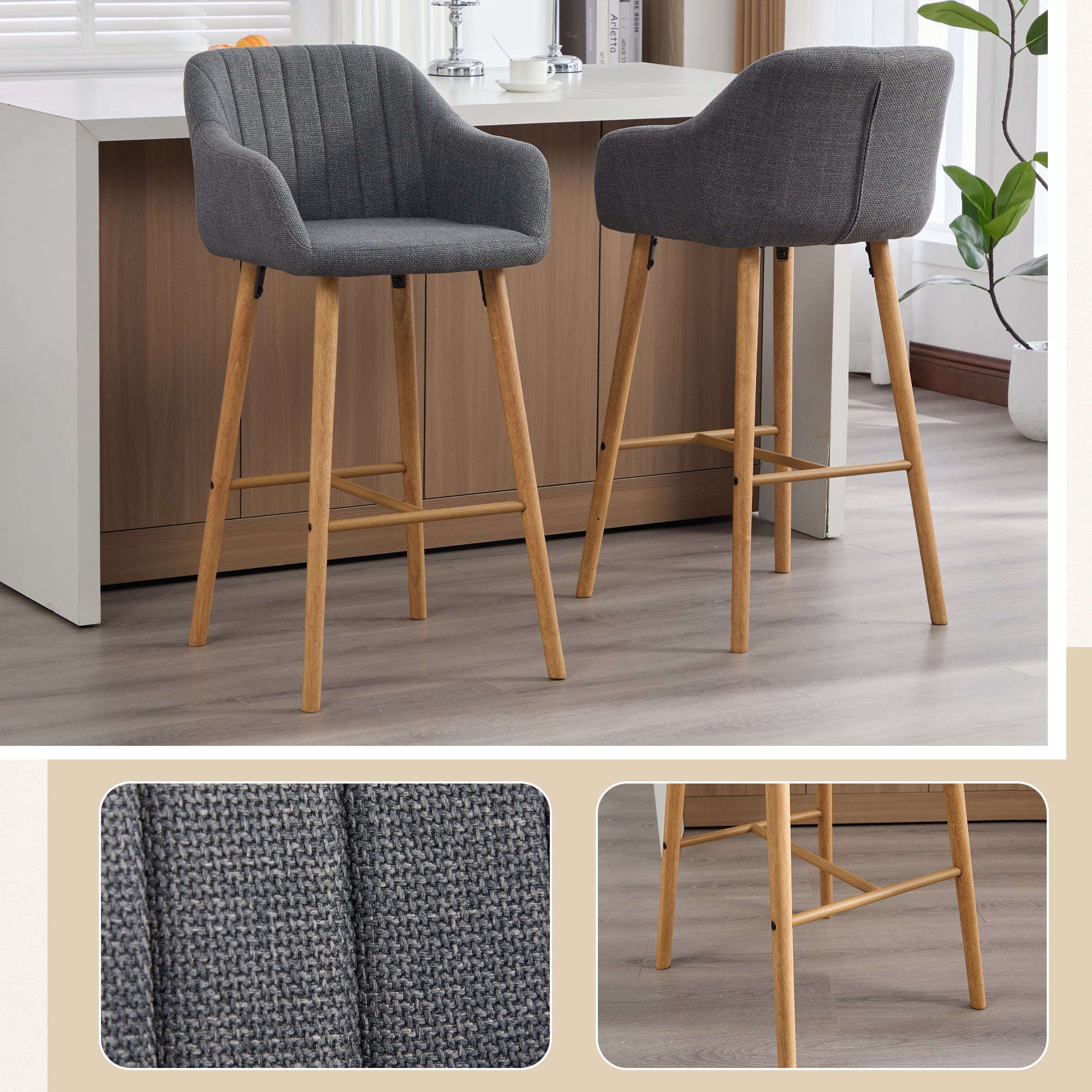 Modern Bar Stools Set of 2 with High Backrest and Armrests, Beige Linen