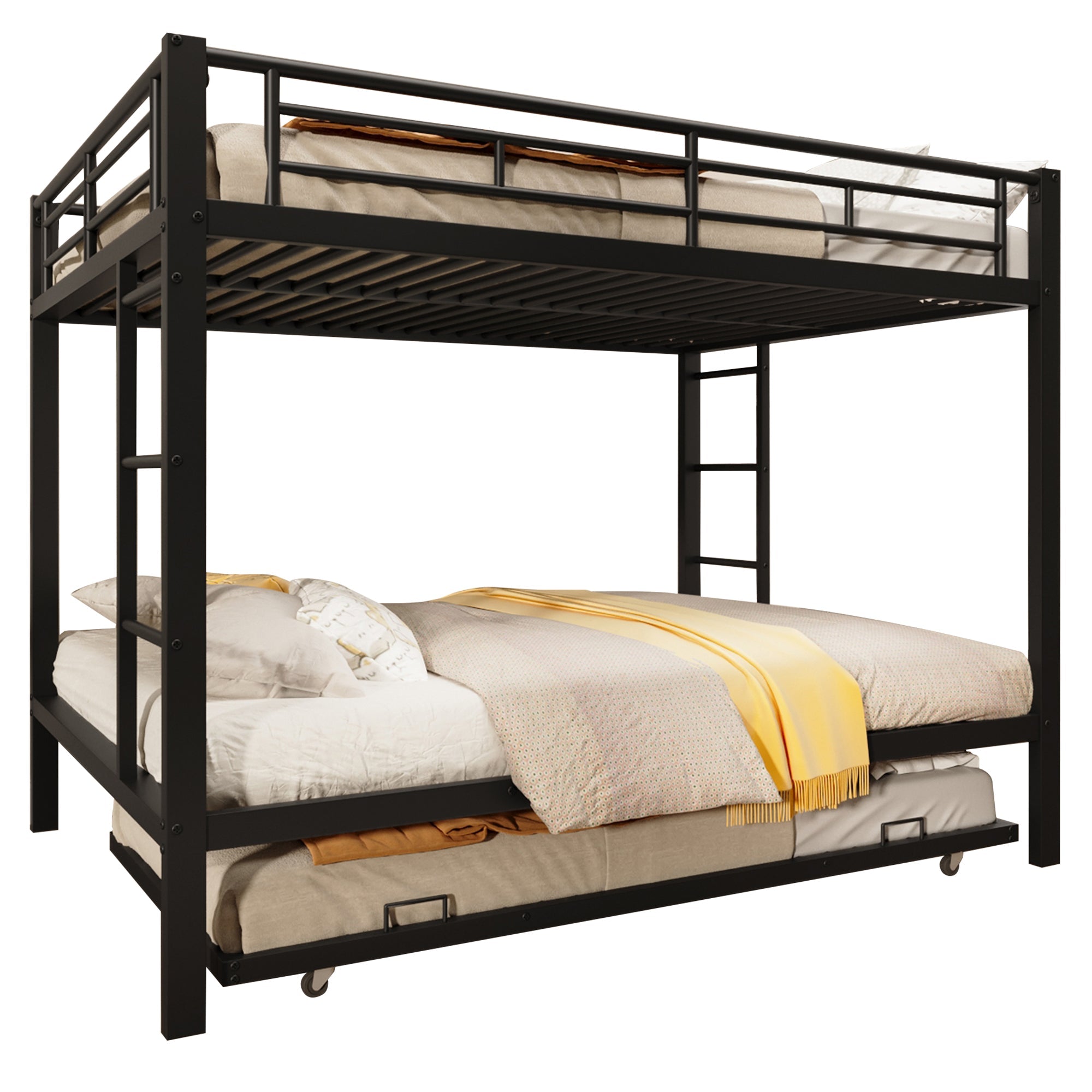 140*200cm Bunk Bed with Pull-out Bed and High Railings, Iron, Black