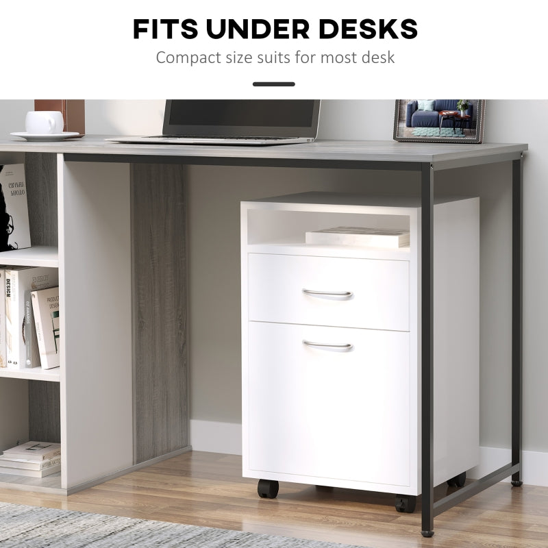 60cm Filing Cabinet with Drawer, Open Shelf, and Wheels, White Engineered Wood