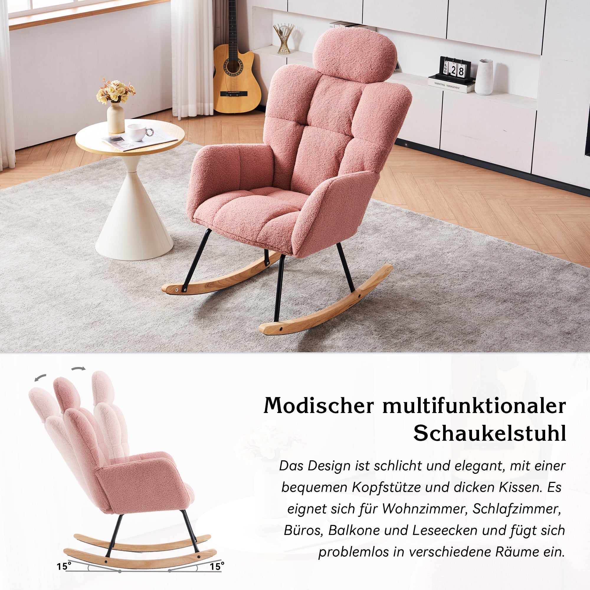 Rocking Chair 055, Tufted Upholstered, Pink Teddy Fabric