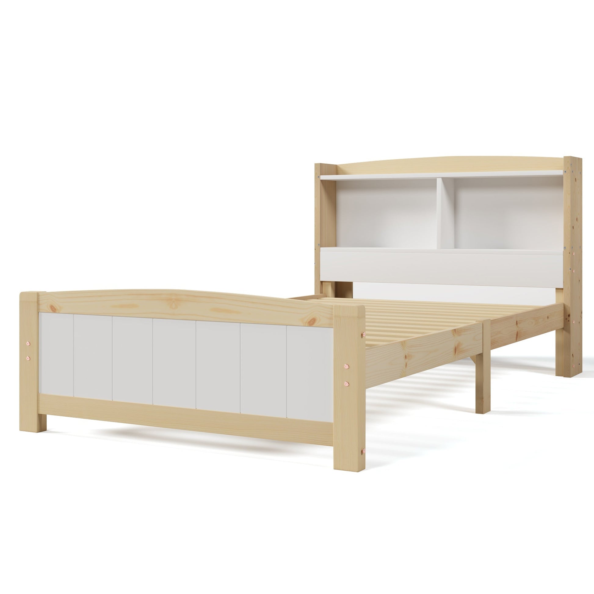 Wooden bed frame with white panels on a white background
