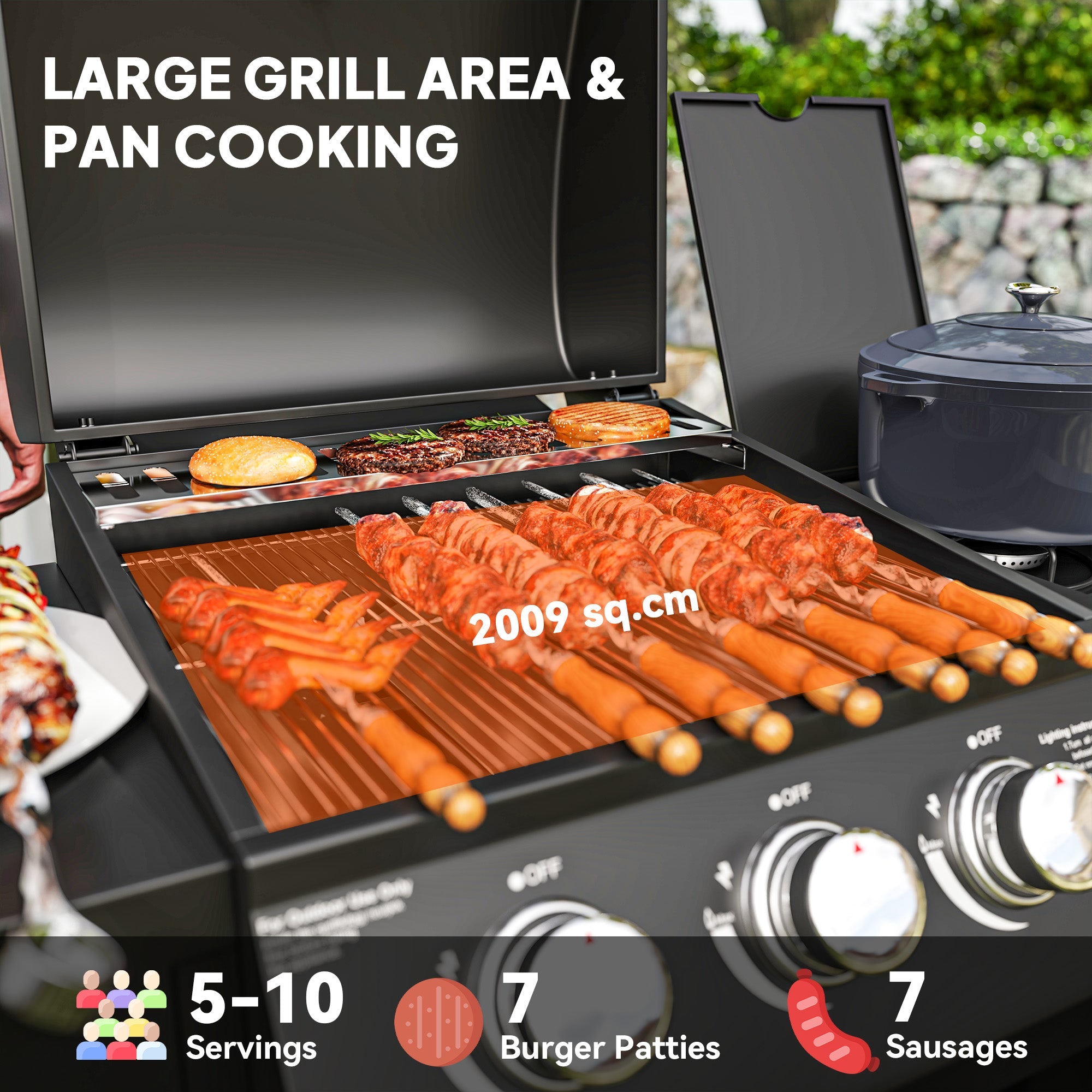 3+1 Burner Gas BBQ Grill, 9.5 kW with Storage Cabinet and 6 Castor Wheels, Black