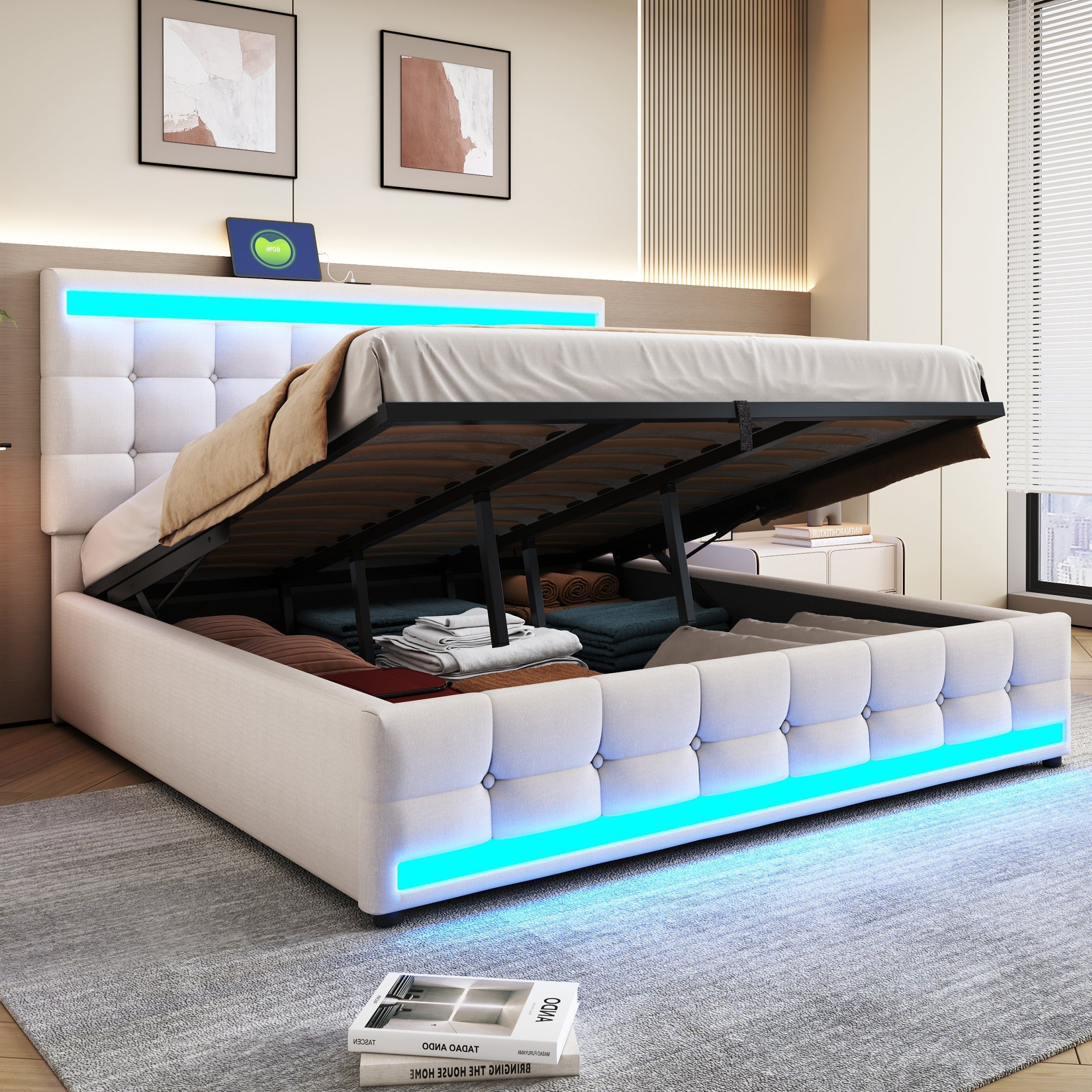 Upholstered Bed, Hydraulic Storage with USB & LED Light Strip, Beige Linen