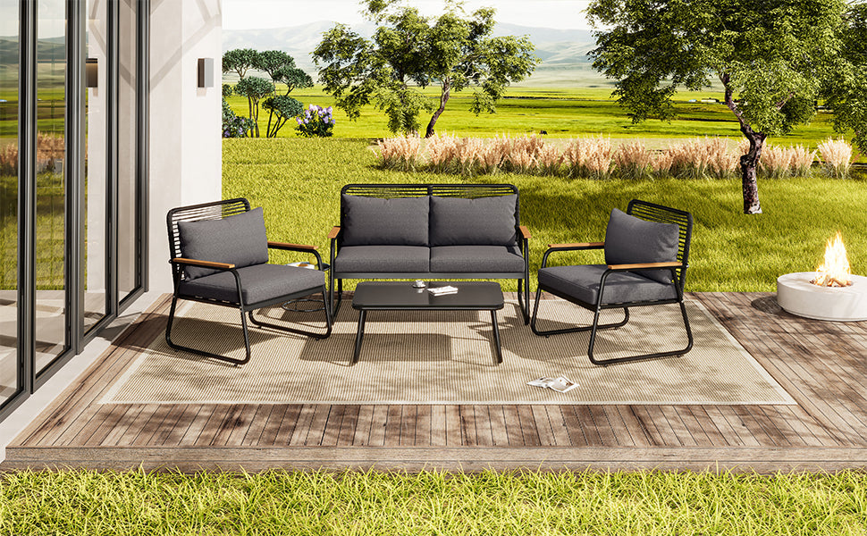 Garden Lounge Set Sofa & Table for 4 Galvanized Iron Tempered Glass - Black
