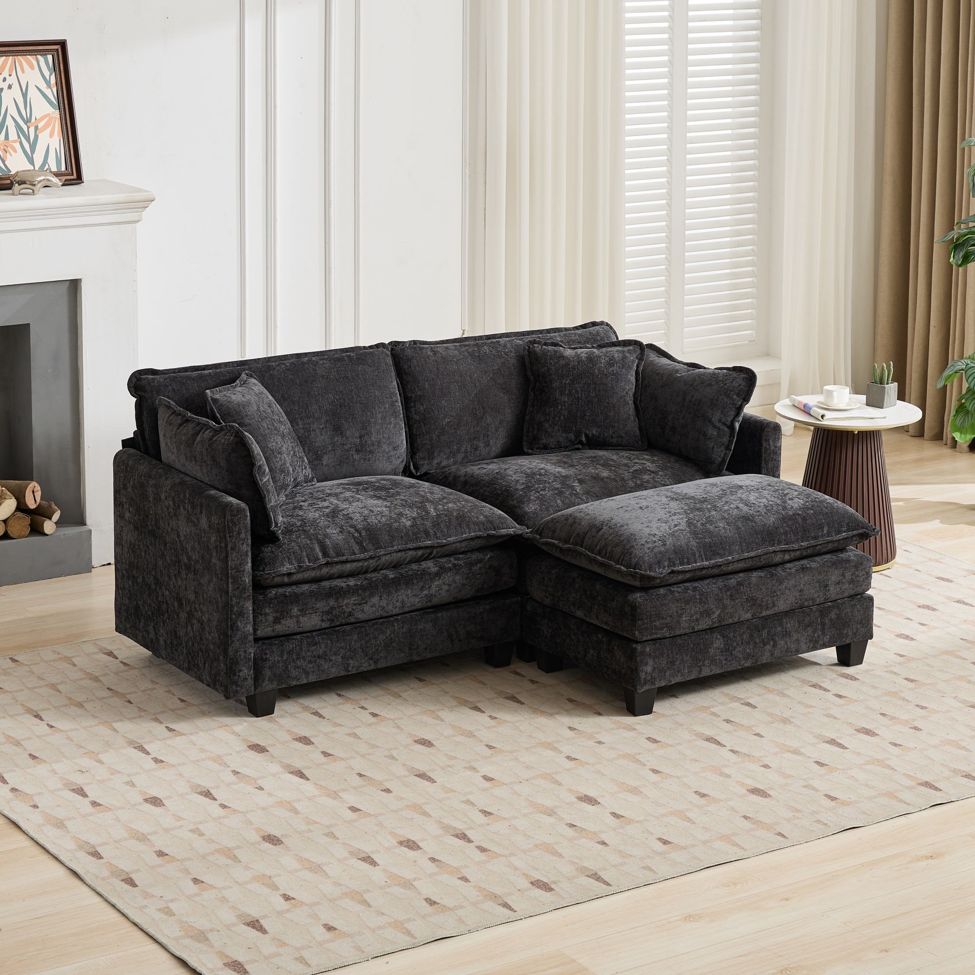 Cloud Sofa Loveseat, Modern Sectional Couch with Double Layer Cushions, Black Chenille Fabric