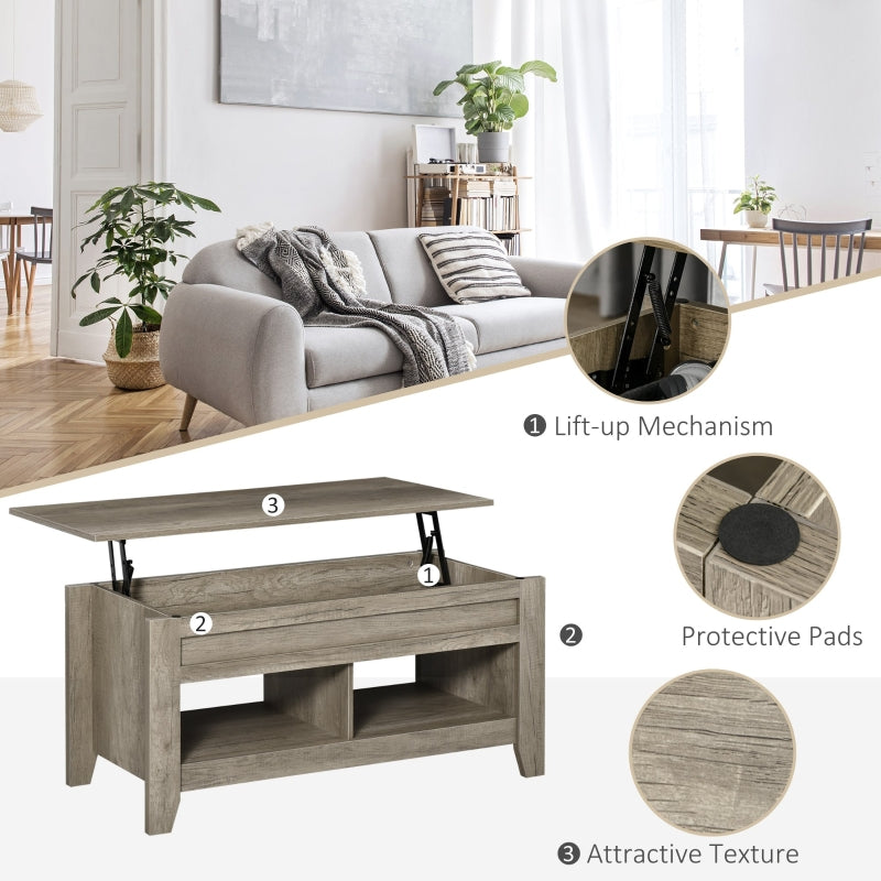 Lift Top Coffee Table with Hidden Storage and Open Shelves, Oak Effect