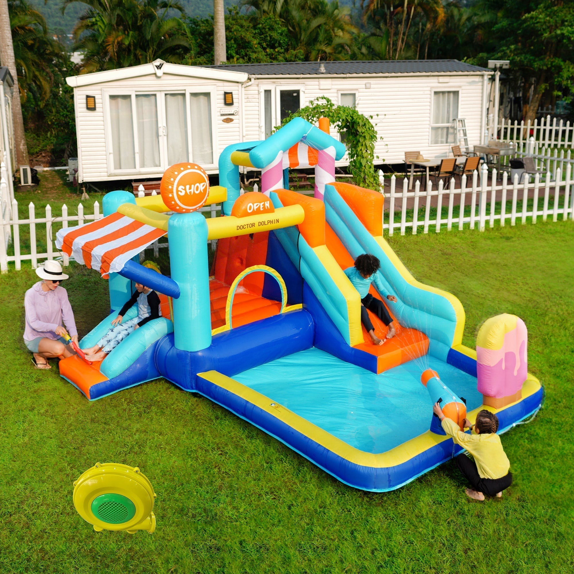 Children's Bouncy Castle Multifunctional Outdoor Water Park + Trampoline, Slide, 450W Blower