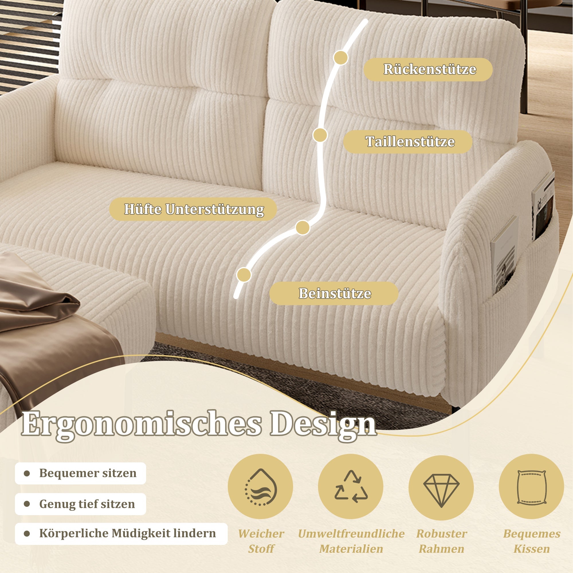 Cord 3-Piece Set Armchair Footstool 2-Seater Sofa Modular Deep Seat, Beige