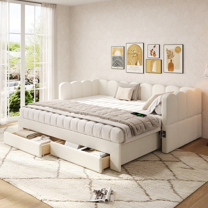Upholstered Daybed with 2 Storage Drawers and USB Port, Beige Linen