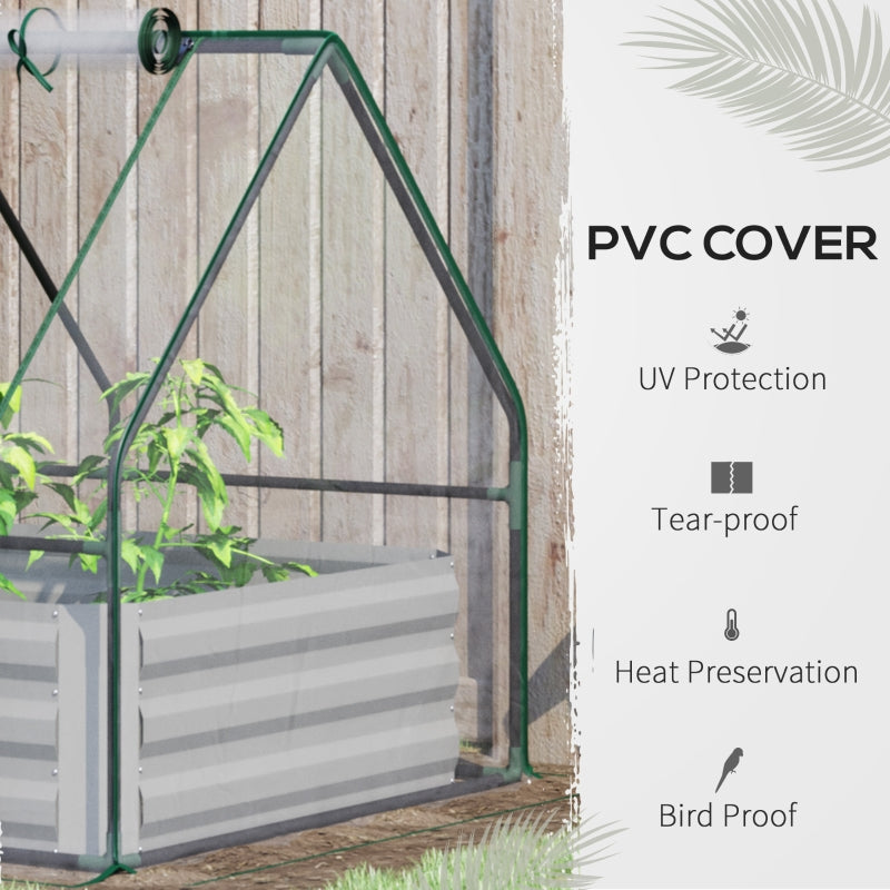 Raised Garden Bed with Greenhouse, Steel Planter Box Roll Up Window Dual Use, Clear