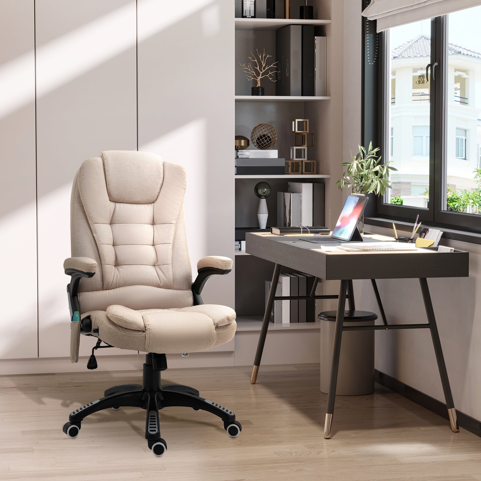 Office Chair with Massage, Heating, Reclining, and Adjustable Height - Linen Look Brown