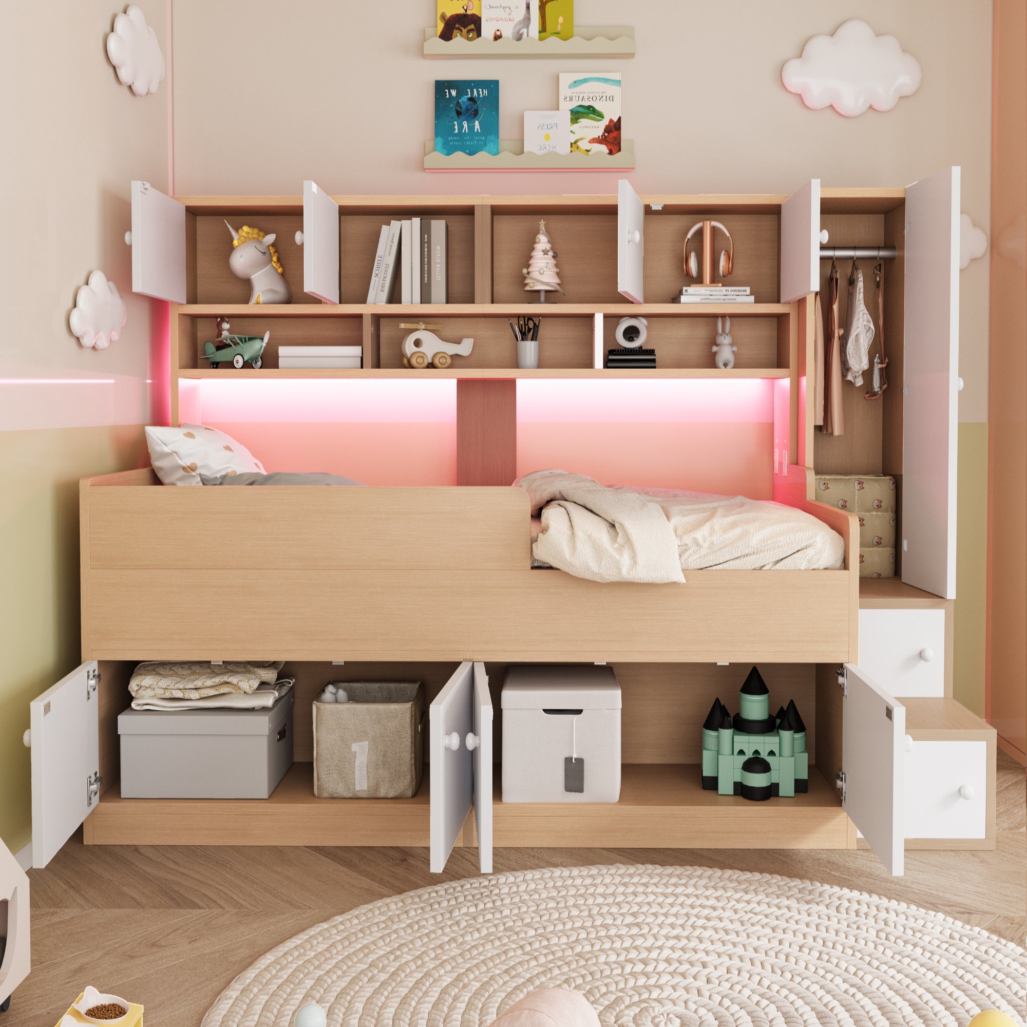 Wooden Children's Bed with Wardrobe, Shelves, Ladder and LED Lighting, 90x200cm, Wood Color