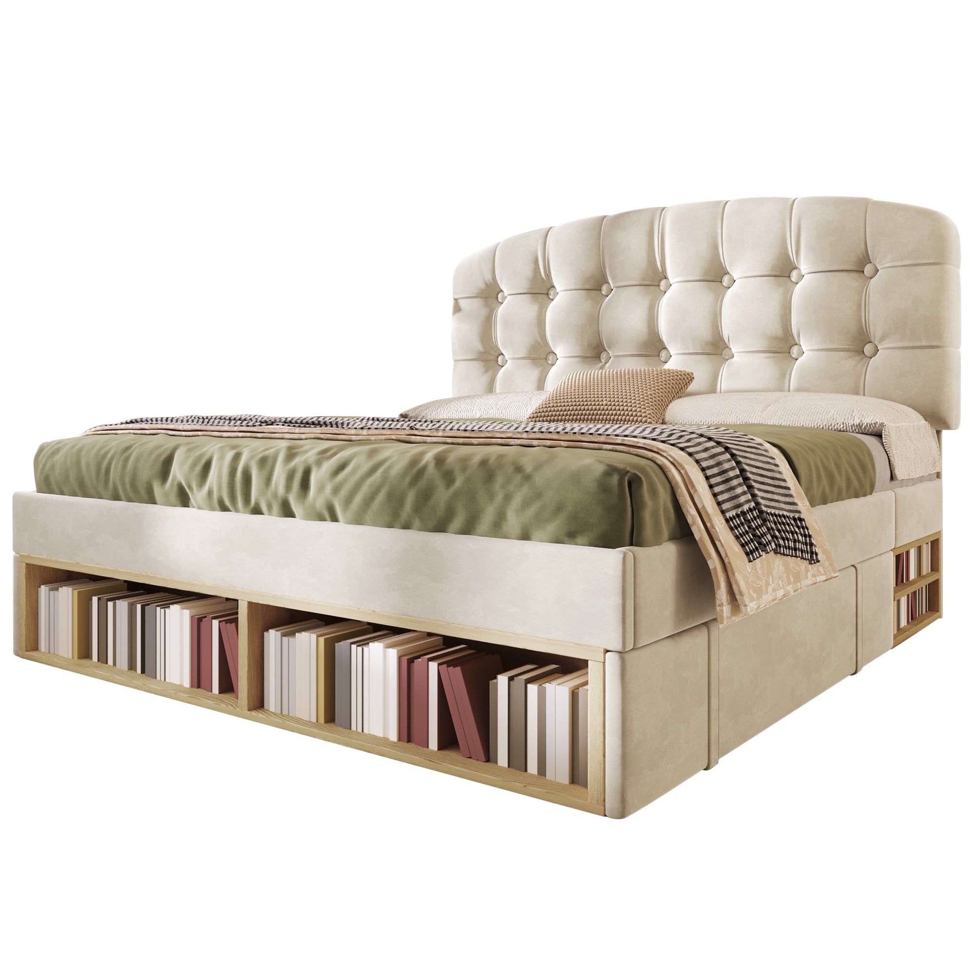 Upholstered Double Bed with Drawers, Storage and Adjustable Headboard, 140x200cm, Beige Velvet