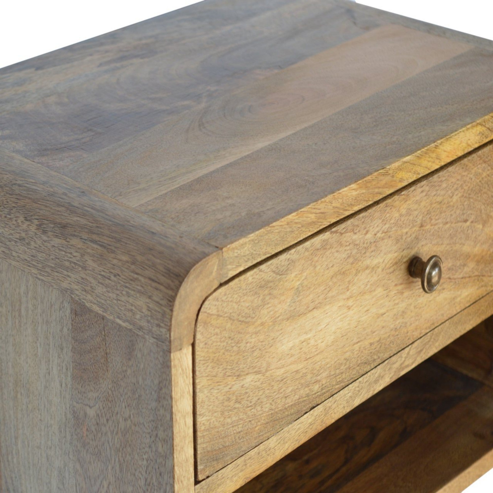 Solid Wood Bedside, Floating Curve 1 Drawer Open Shelf, Beige