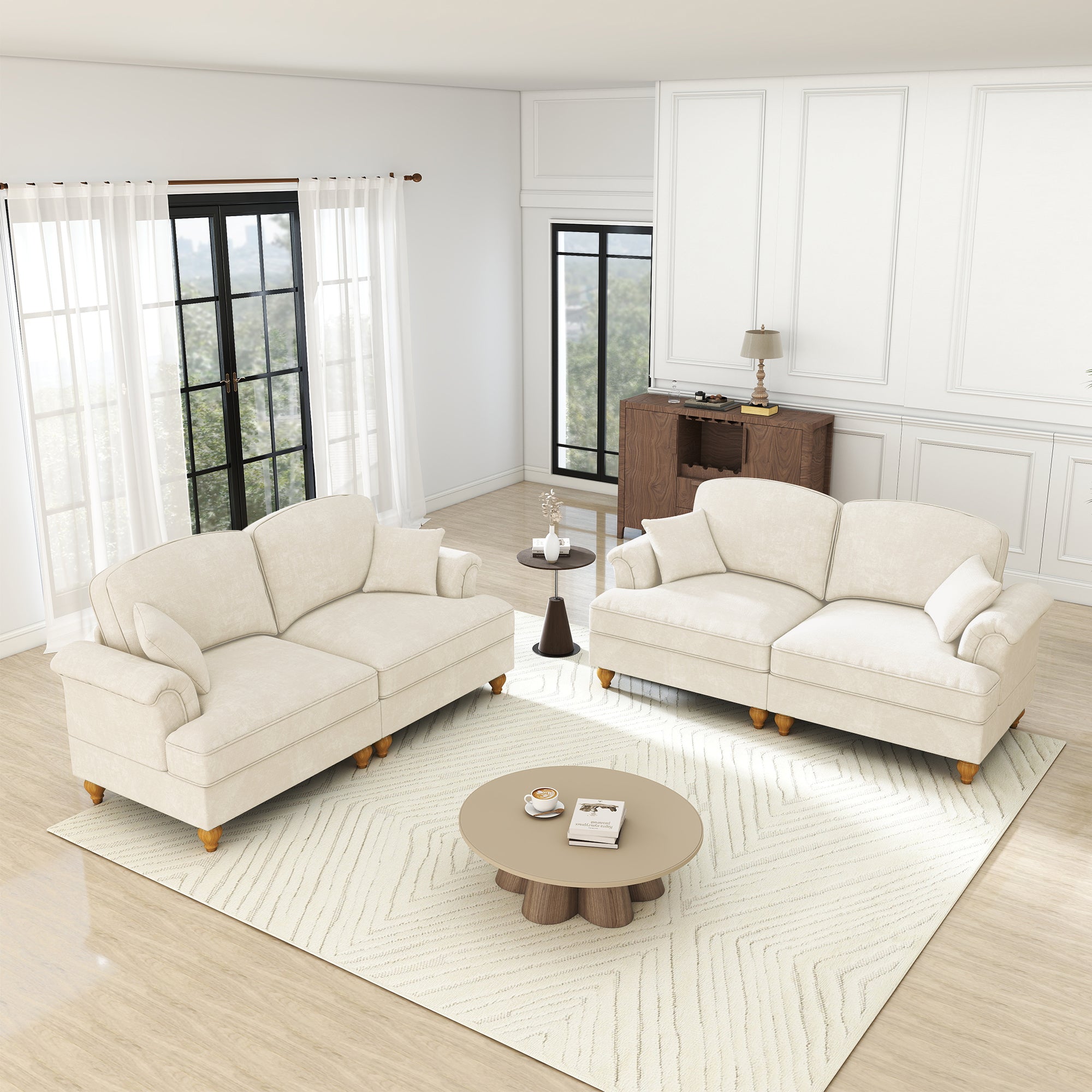 L-Shaped 2-Seater Sofa Mid-Century Chenille Movable Ottoman - White