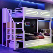 Iron Bunk Bed with Cabinet-Style Storage Stairs and LED Lighting, 90x200cm, White