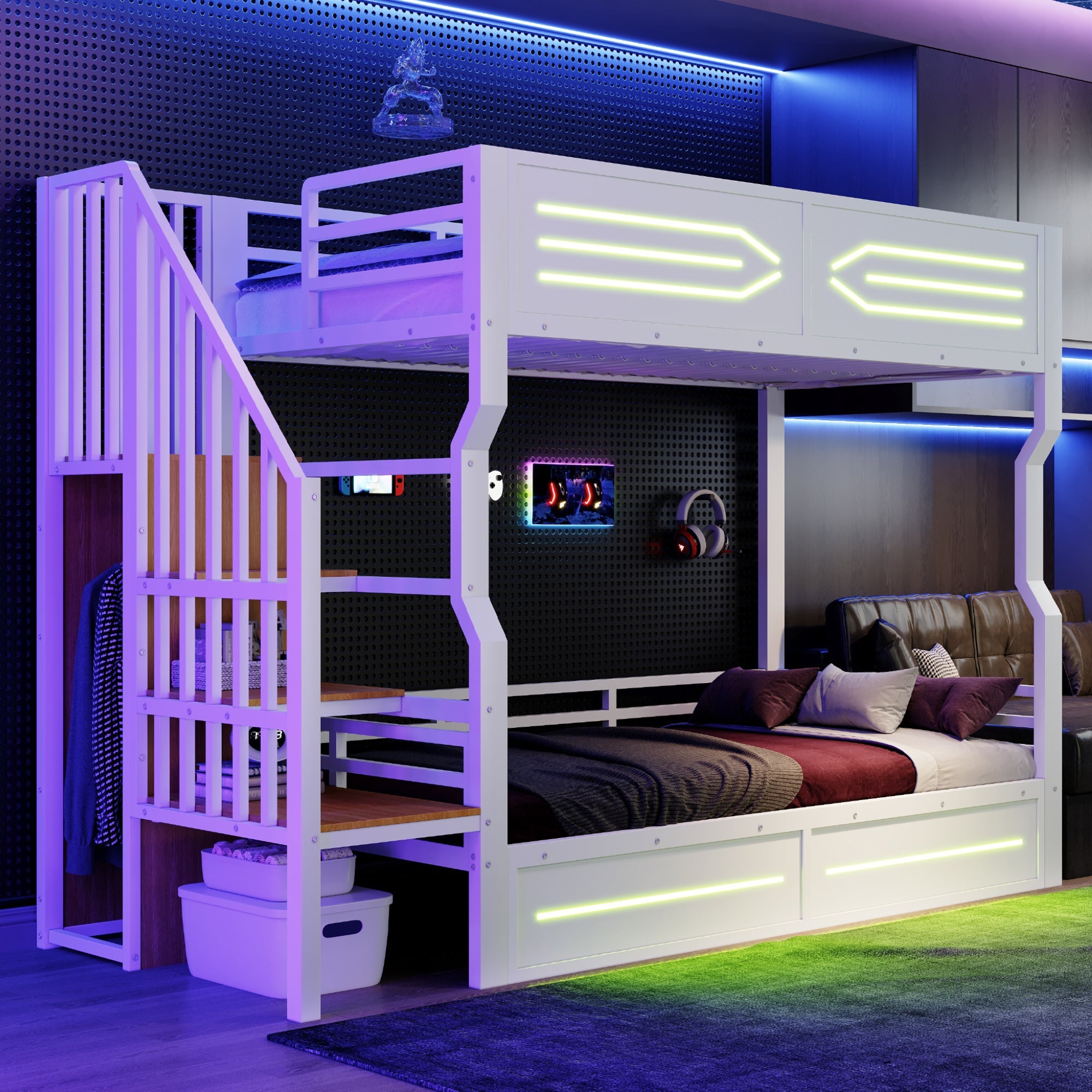 Iron Bunk Bed with Cabinet-Style Storage Stairs and LED Lighting, 90x200cm, White