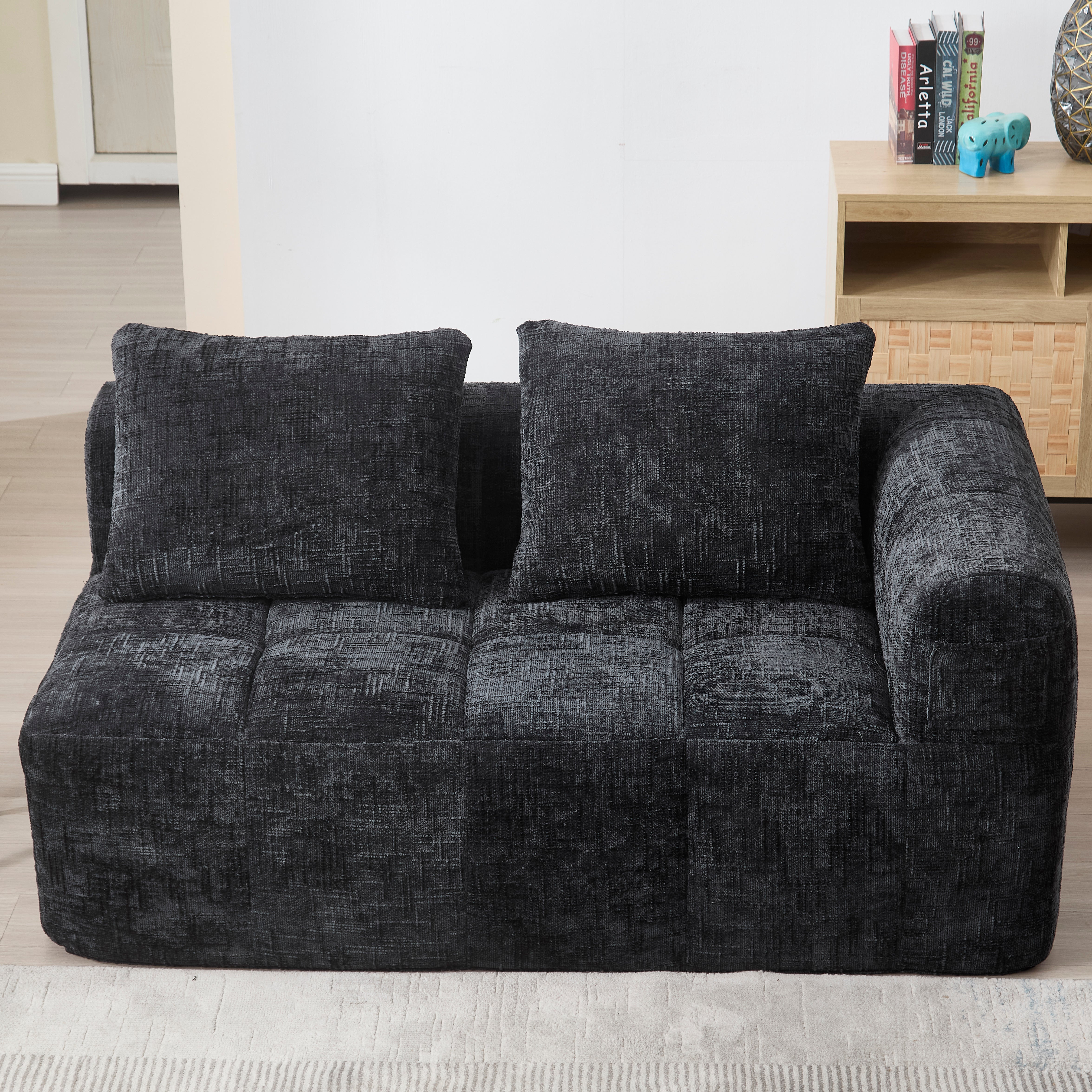 Sofa 2-Person Plush Cushion Side Pockets, No Assembly, Black