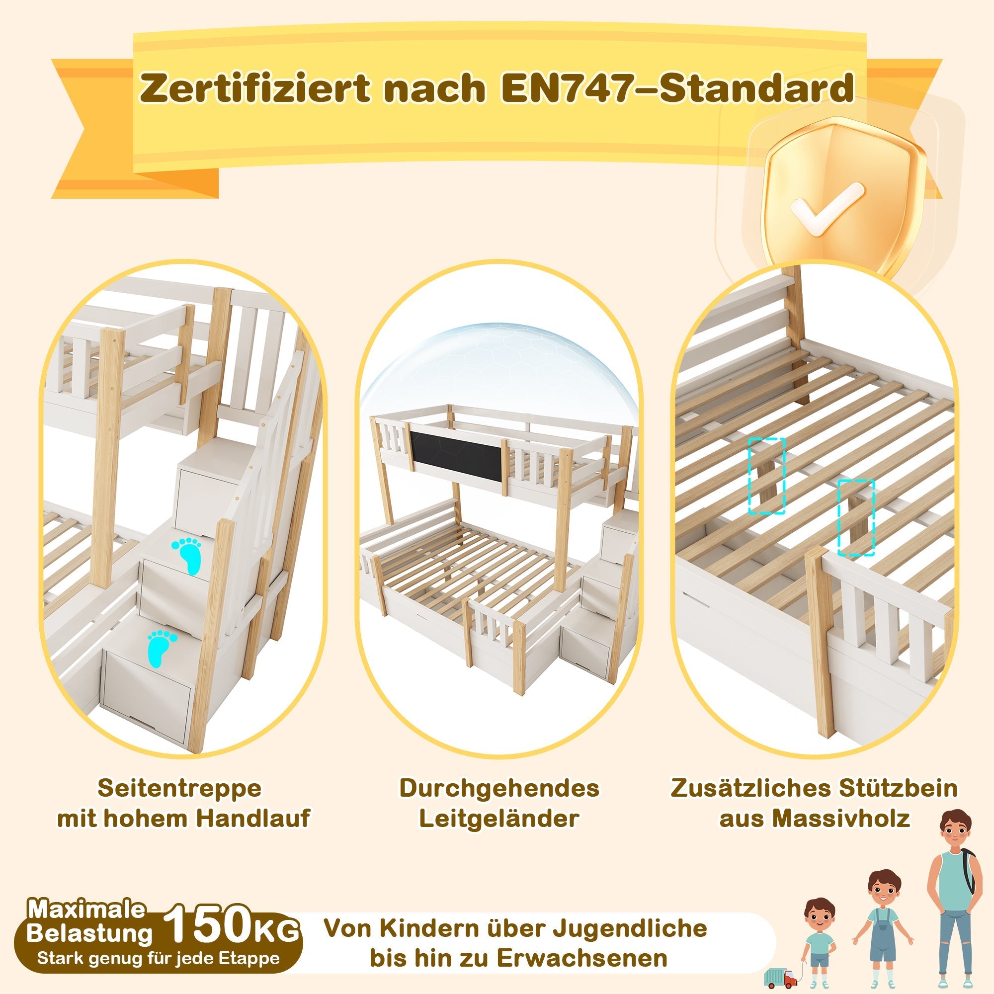 Bunk Bed for 3 Children with Storage Stairs and Chalkboard, White Natural Solid Wood