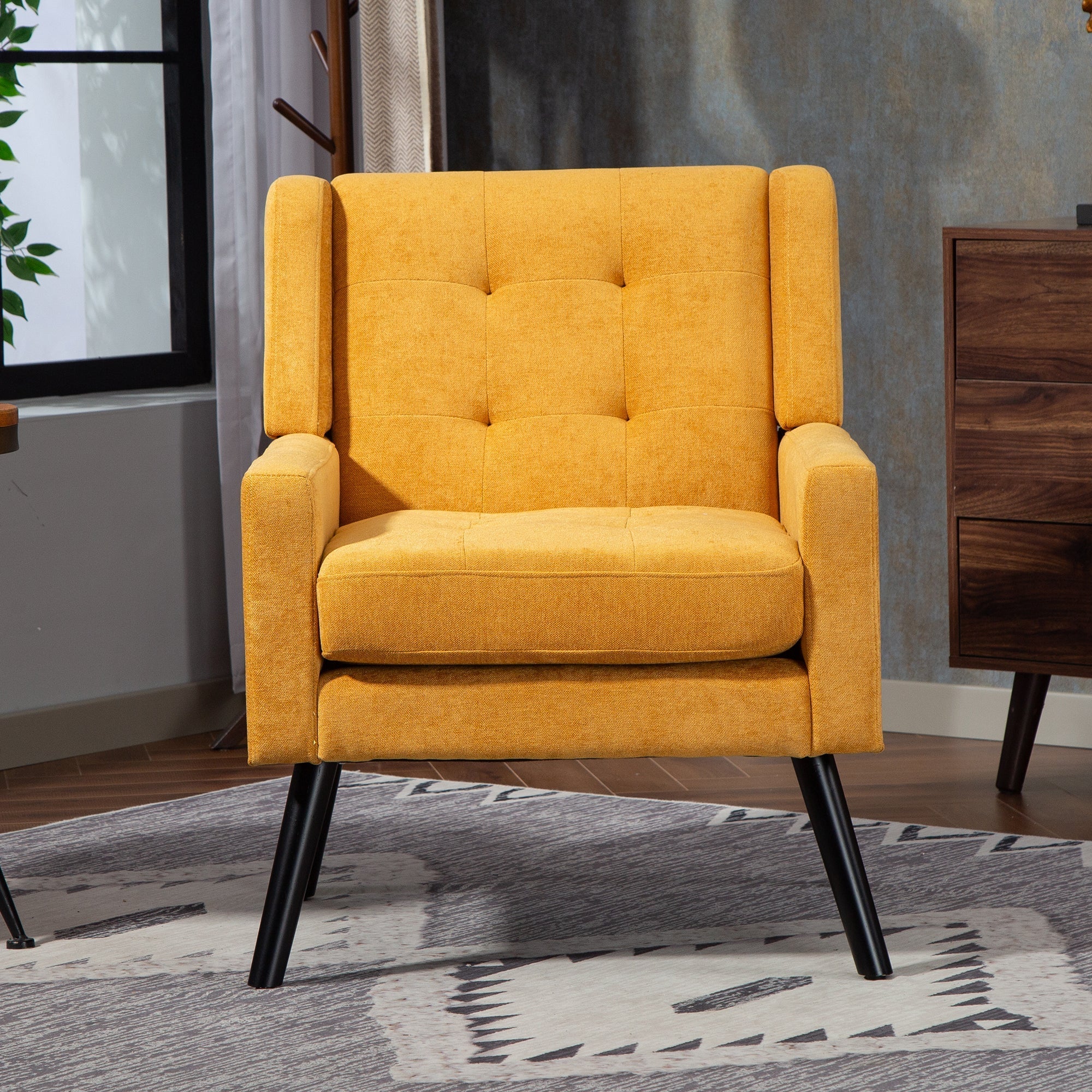 Upholstered Armchair with Buttoned Padding and Solid Wood Legs, Suede Black