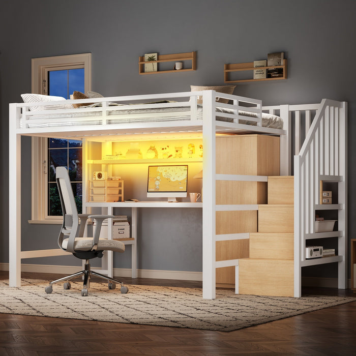 Metal Loft Bed with Desk, Shelf, Wardrobe and Storage Stairs, 140x200cm, White