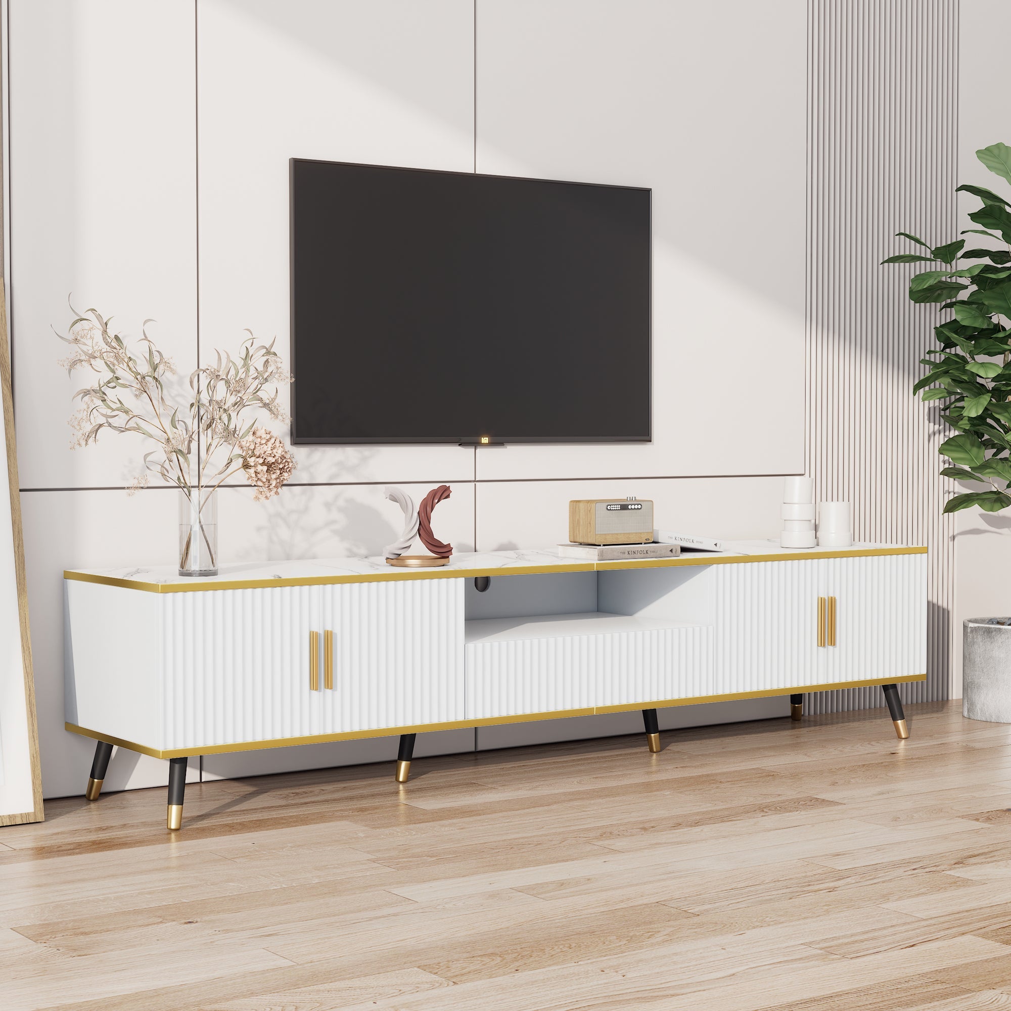 TV Cabinet, Modern Low with Marble Look, 200x40x46cm