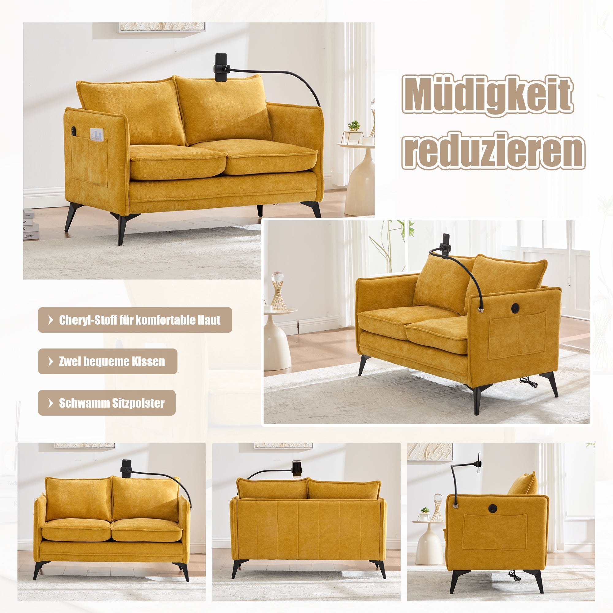 Modern Double Sofa with Storage Side Pocket and Adjustable Phone Holder, Fabric