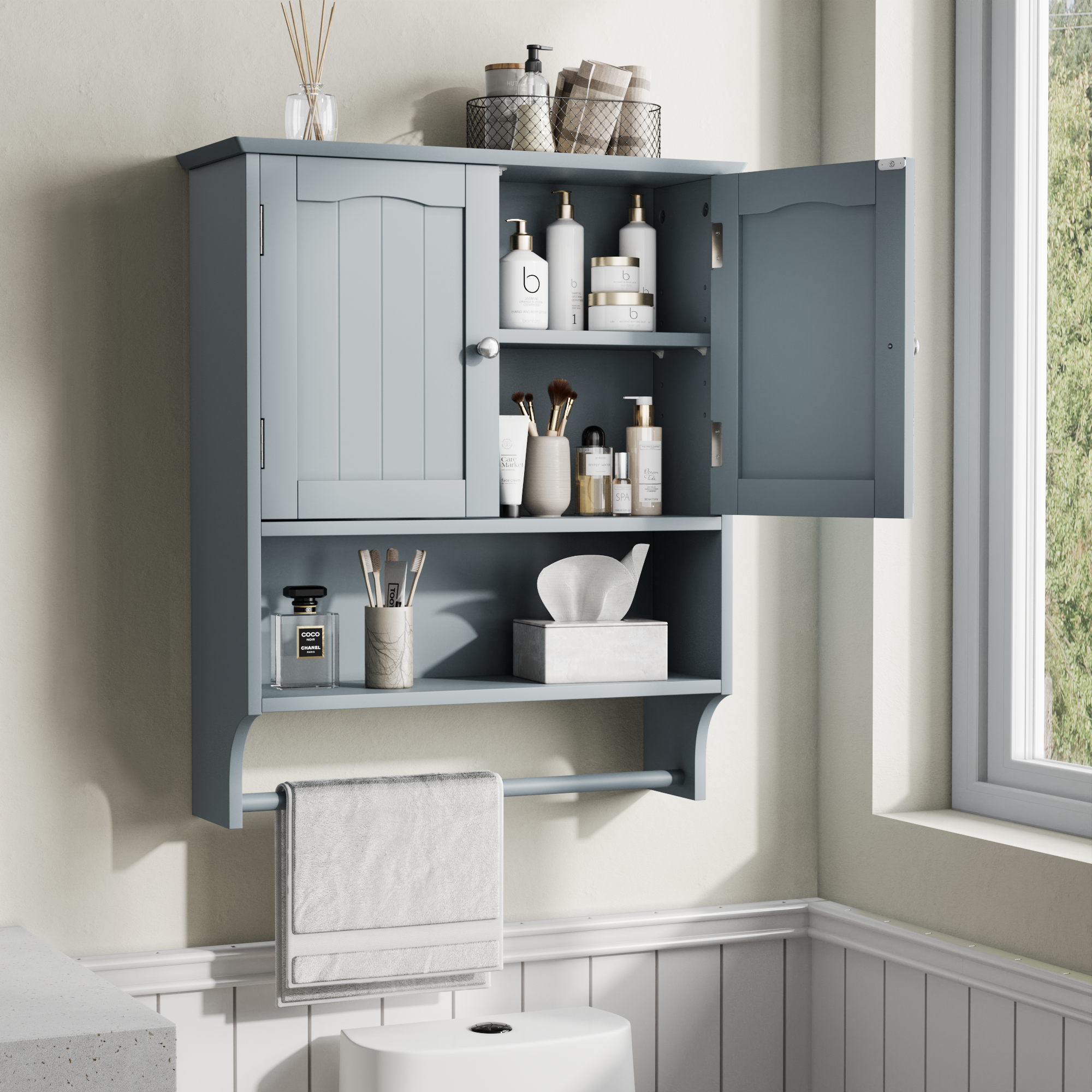 Bathroom Wall Cabinet, 2 Doors, Open Shelves & Towel Rail, Grey