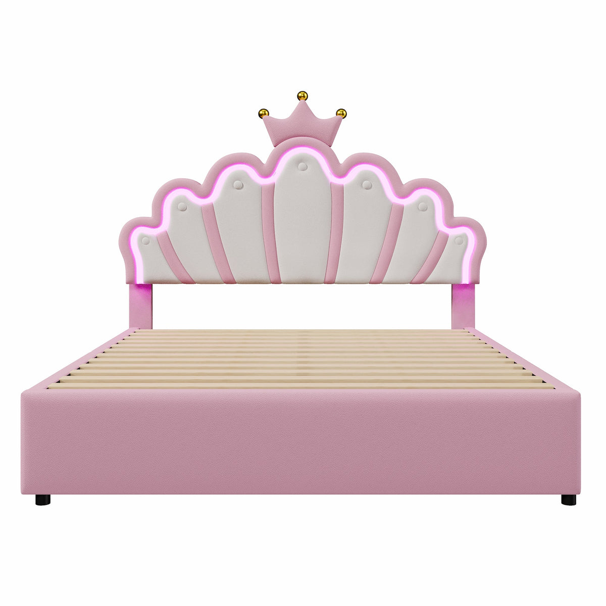 Princess Upholstered Bed 140x200cm Crown Shape LED 2 Drawers - PU Pink
