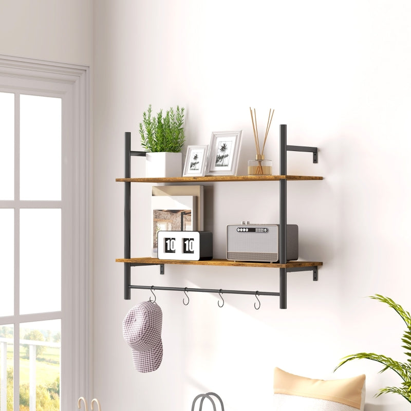 Wall Mounted Floating Shelves with 4 Hooks, Rustic Brown