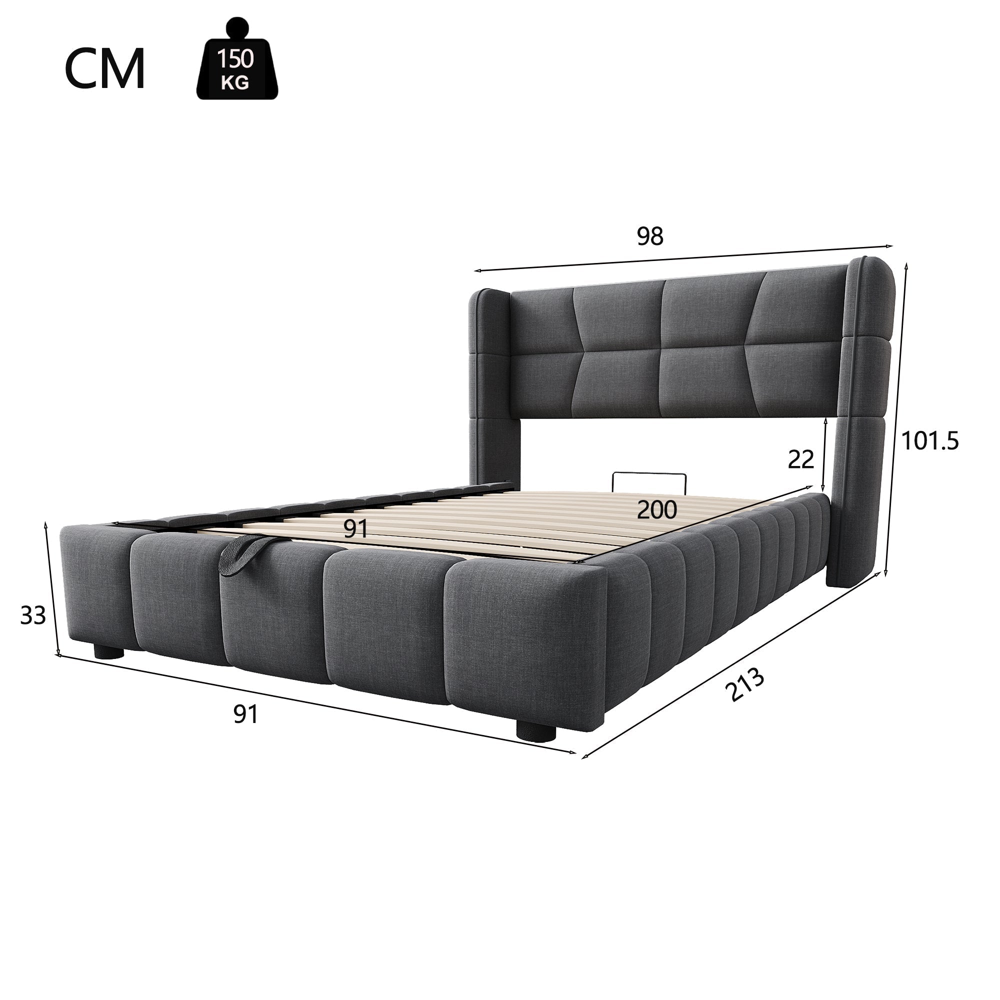 Upholstered Bed 90x200cm Pneumatic Storage Slatted Base - Linen Grey