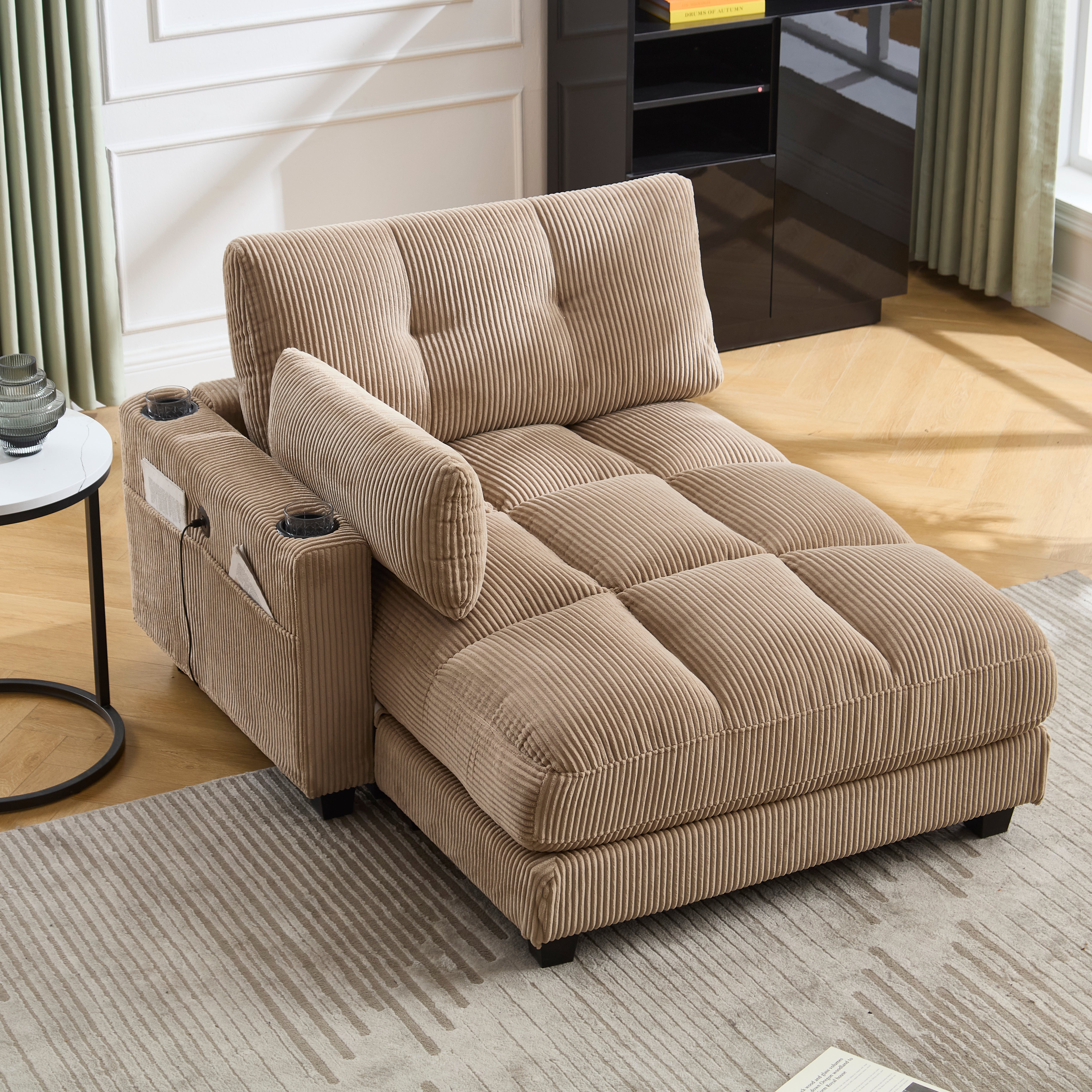 Palm Chair, Fluffy Striped, Rolling Cushions, Head Flaps, Side Pocket, Khaki