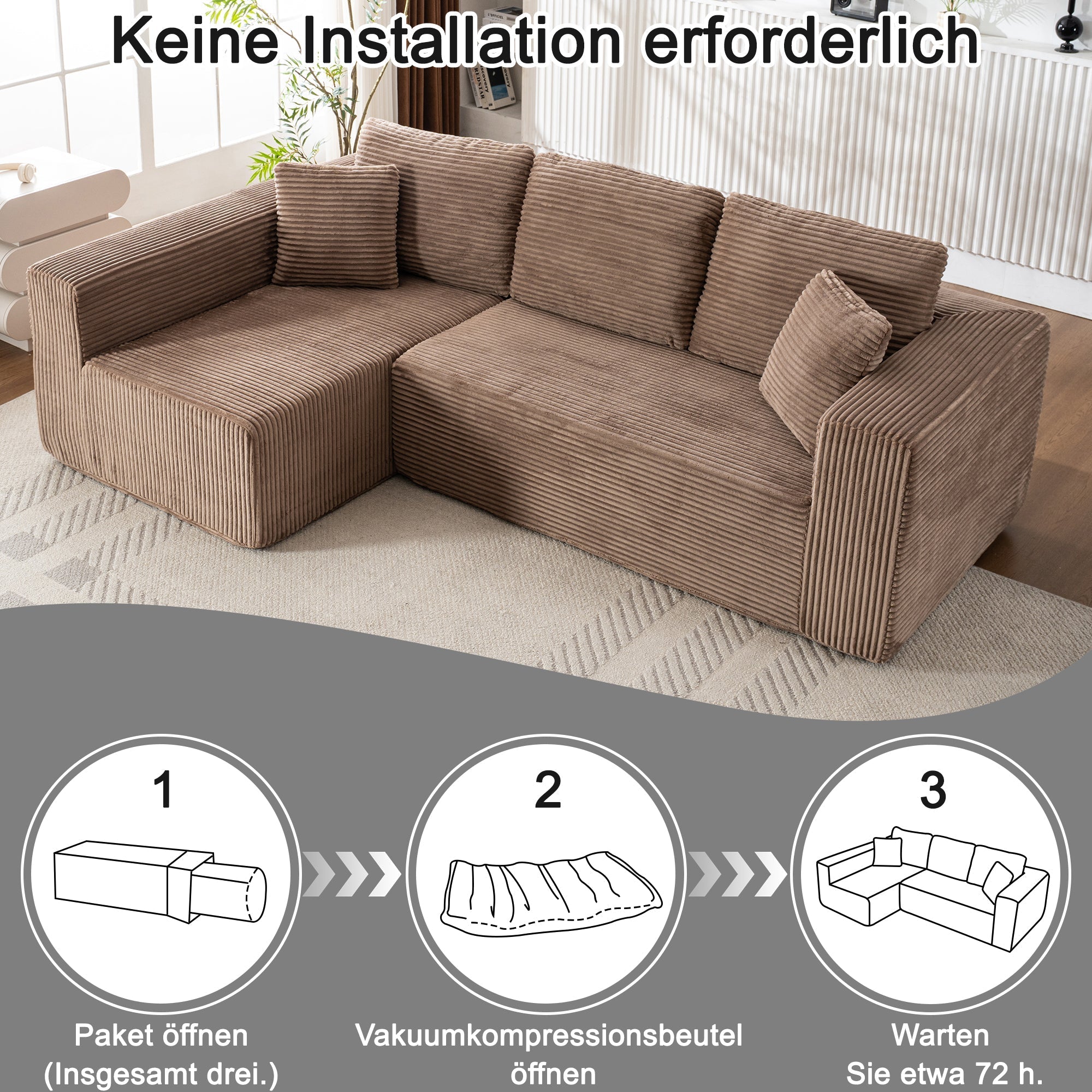 L-Shaped Cloud Sofa, Modern Modular Chaise Lounge with Armchair, No Assembly Required, Core Fabric