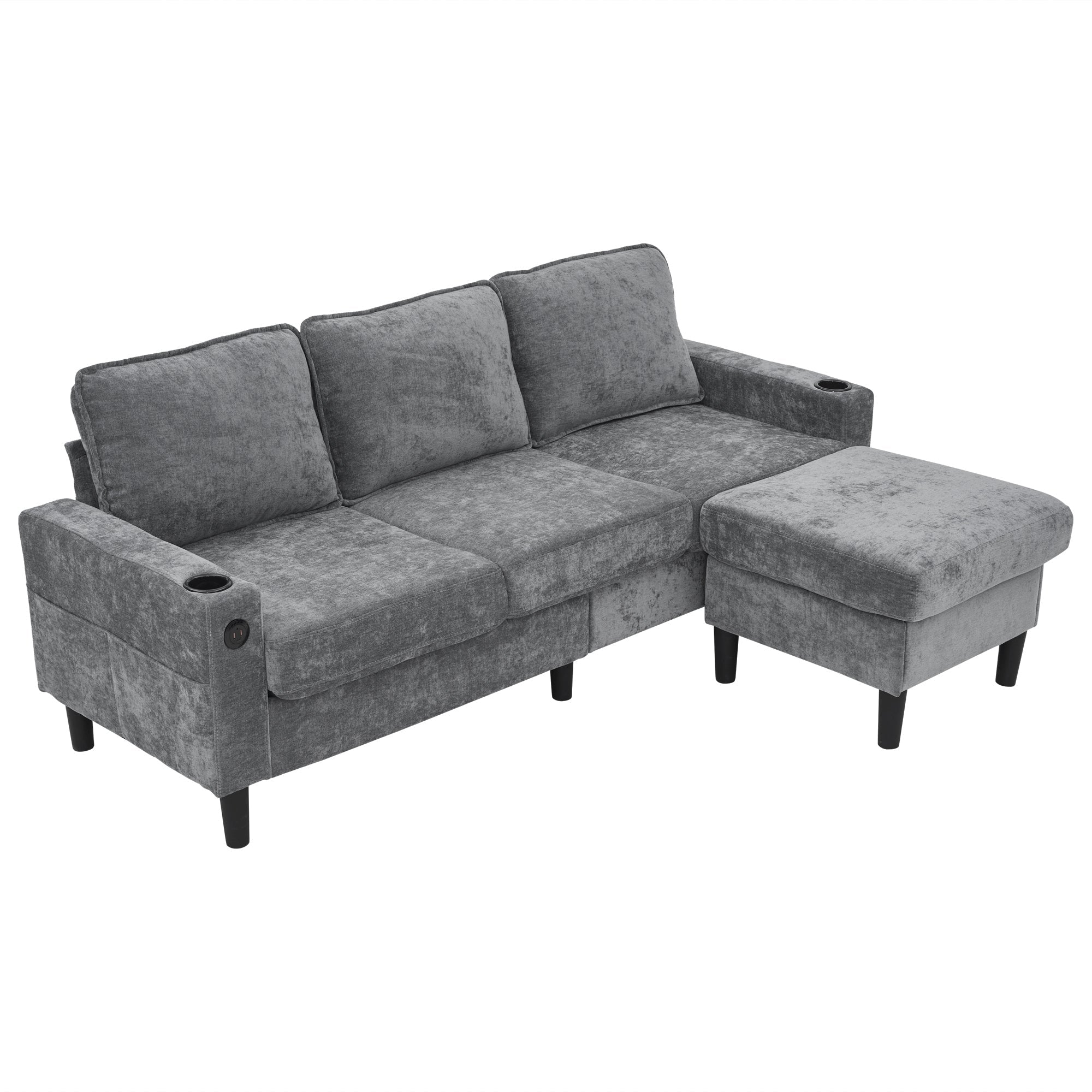 L-shaped Sleeper Sofa 3-Seater USB Type-C Cup Holders, Grey Linen