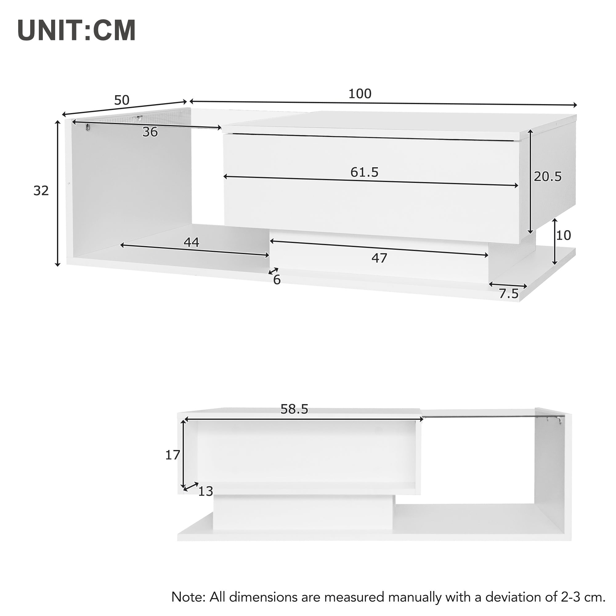 Coffee Table with Glass Top & Drawers, LED Lighting, High-Gloss White