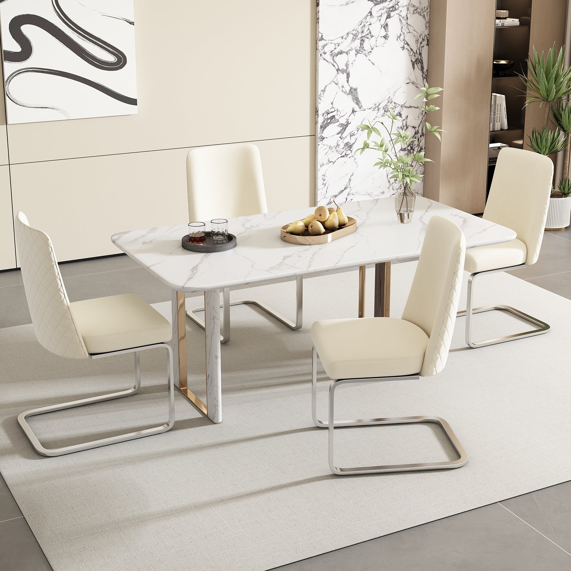 Velvet Dining Chair Set of 4, Diamond Back Silver Metal Legs, Beige